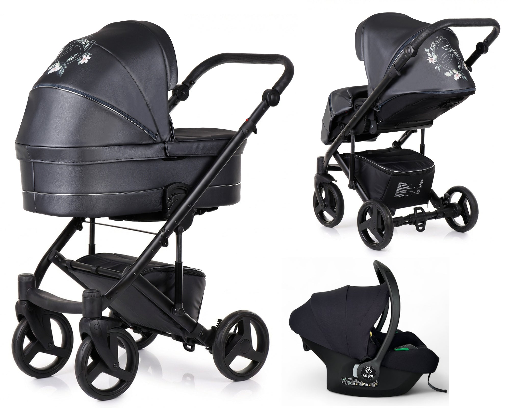 Baby stroller 3in1 EMJOT NERI COBALT FLEUR -multifunctional+akce. ECO leather