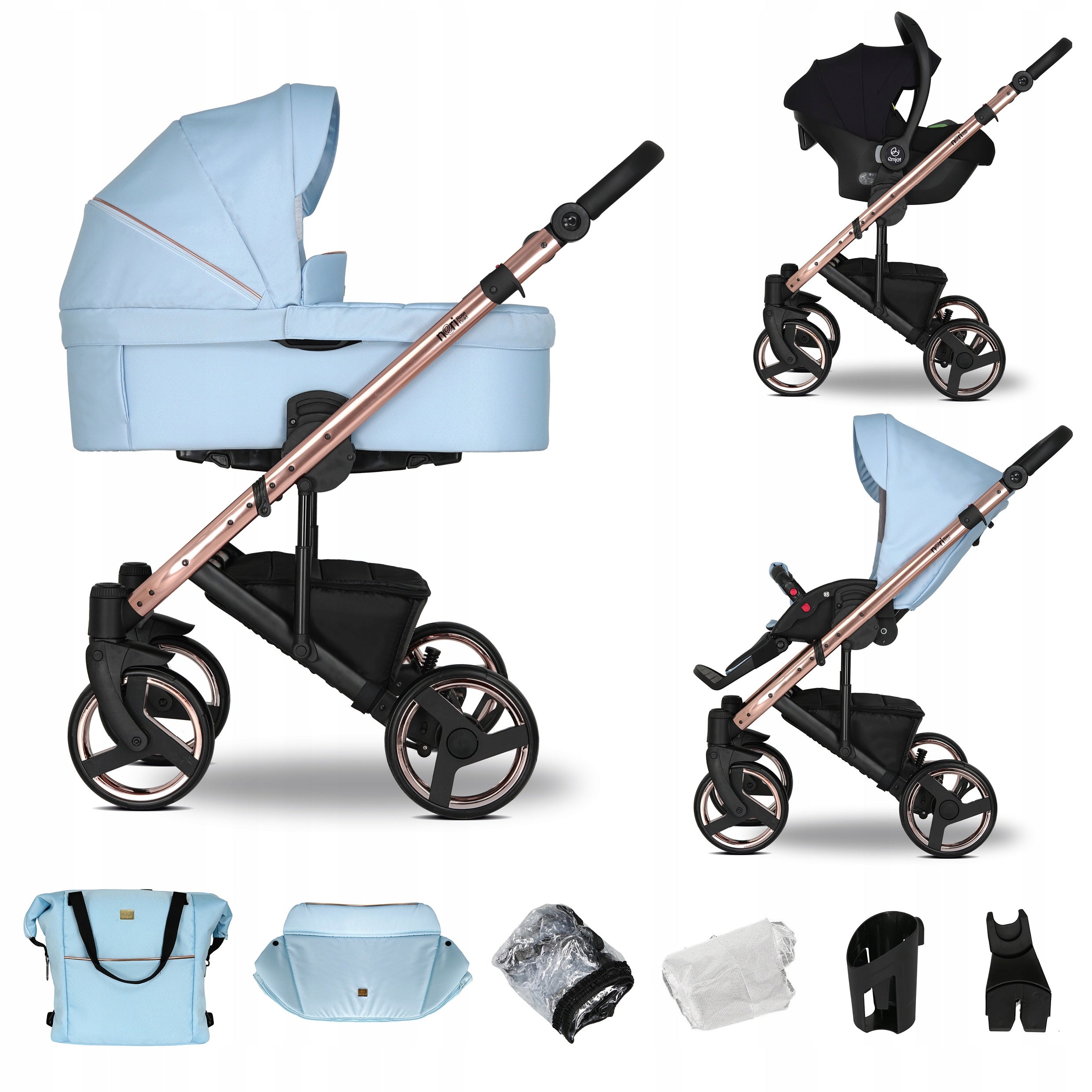 Baby stroller 3in1 EMJOT NERI ROSE GOLD multifunctional blue F. Cosmo