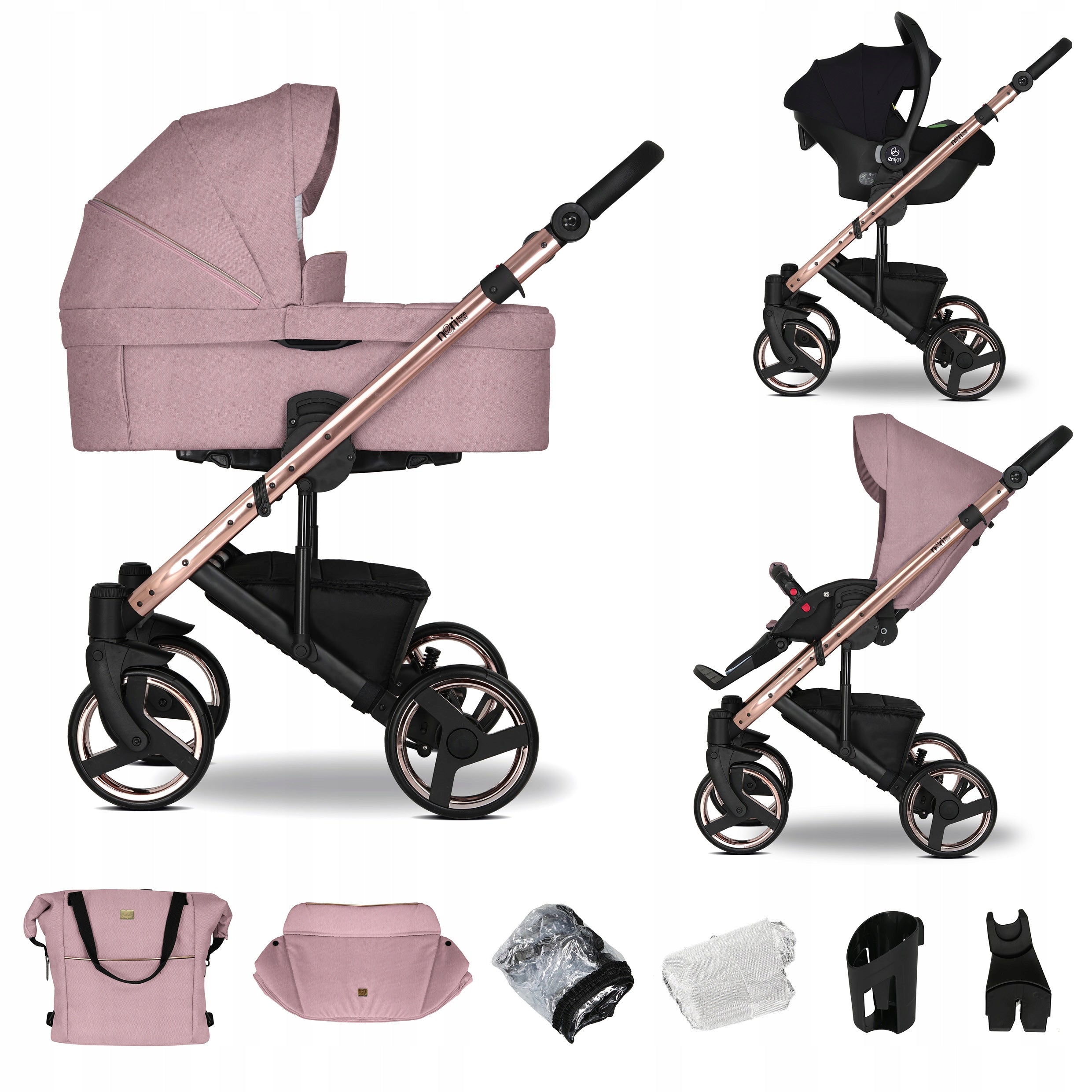 Baby stroller 3in1 EMJOT NERI ROSE GOLD multifunctional rose gold