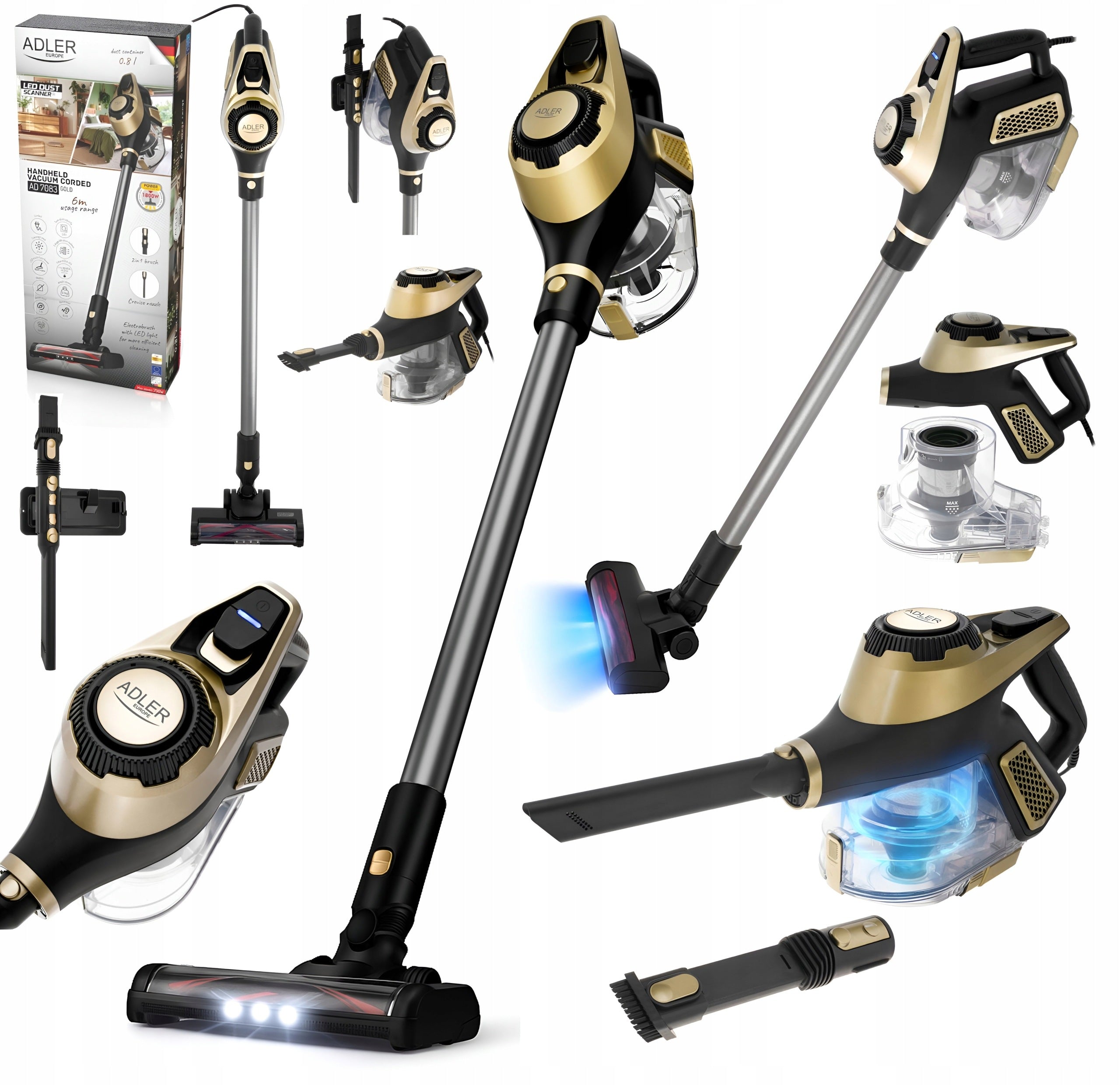 Bagless Upright Vacuum Cleaner Adler LightGold 700W with 3in1 LED Electrobrush