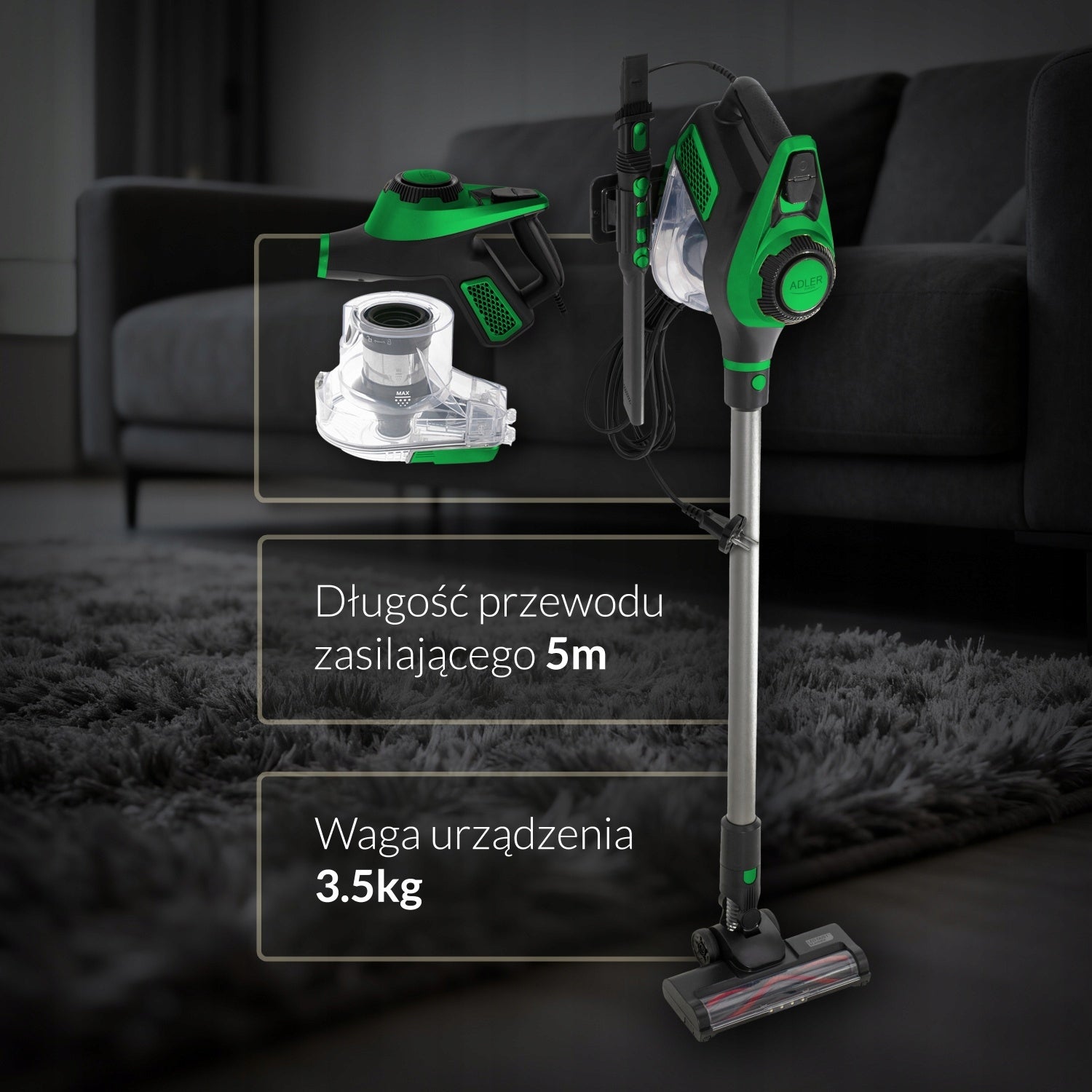 Bagless upright vacuum cleaner Adler Light Gold 700 W with 3in1 LED turbo brush Dust container volume 0.8 l