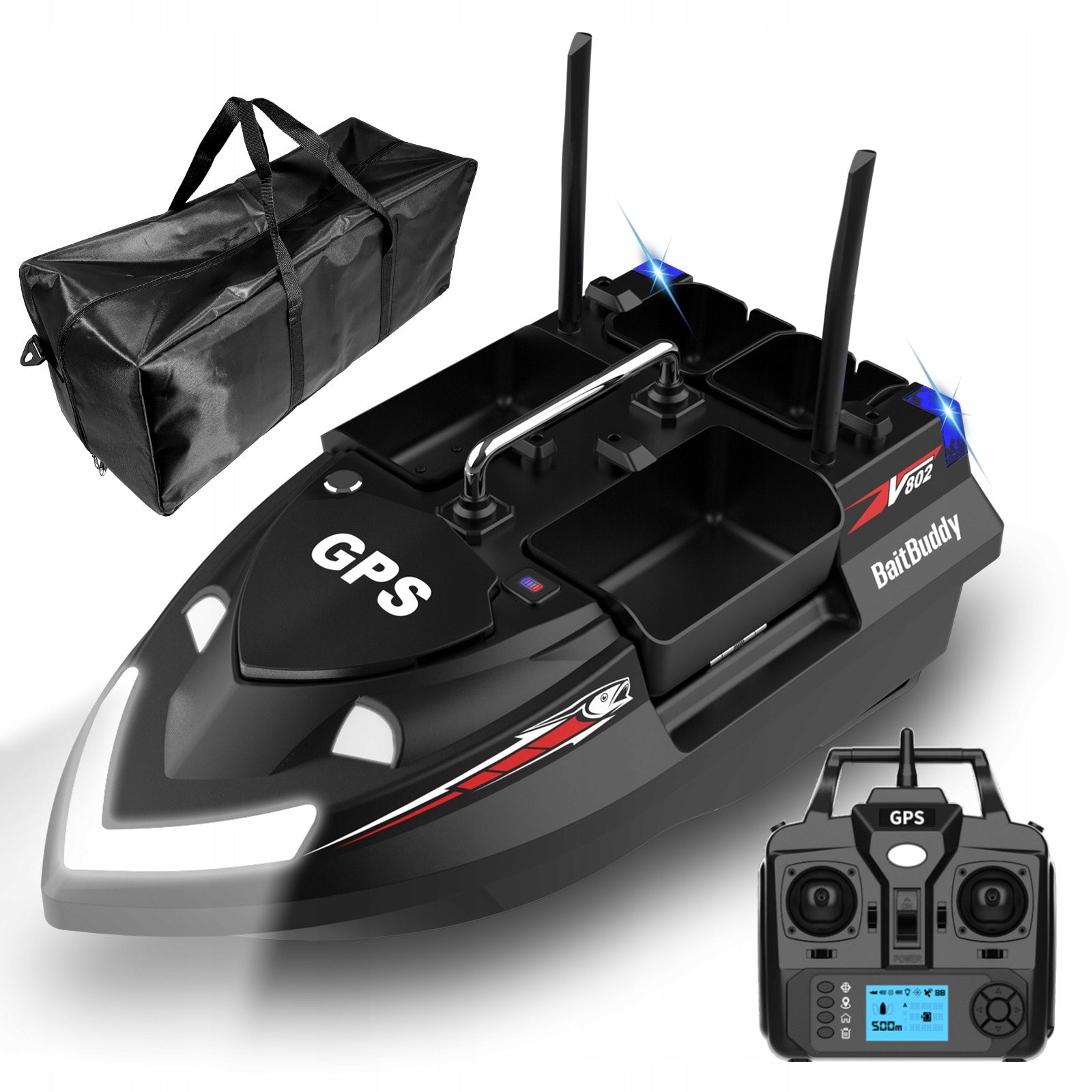 Bait boat V802 Pro GPS 12000mah 4 tanks 3kg weight 500m black