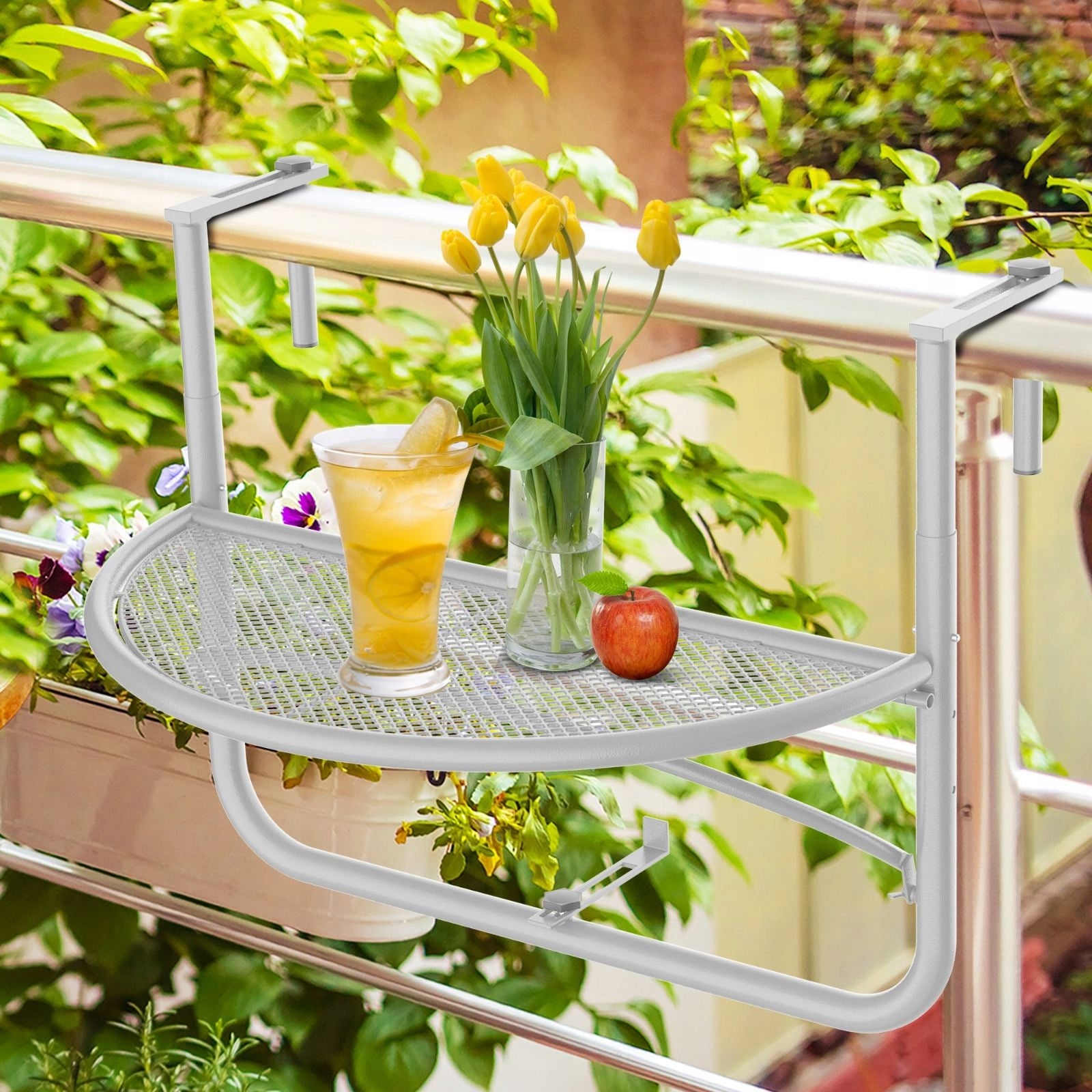 Balcony hanging table adjustable semicircular metal white 60x45x50cm