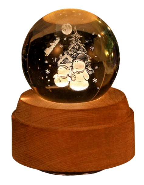 Ball Music Box LED Christmas Glass Snowman with Wooden Stand Gift