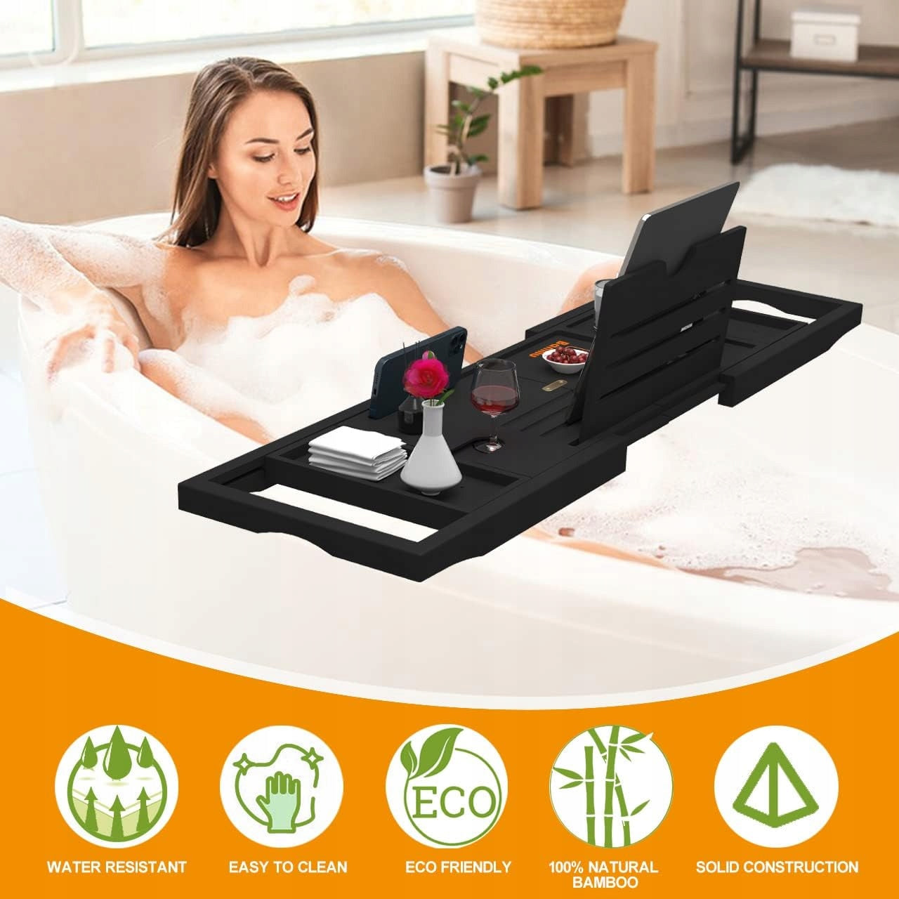Bamboo Black Expandable Bathtub Shelf Candle Towel Tray Brand no brand