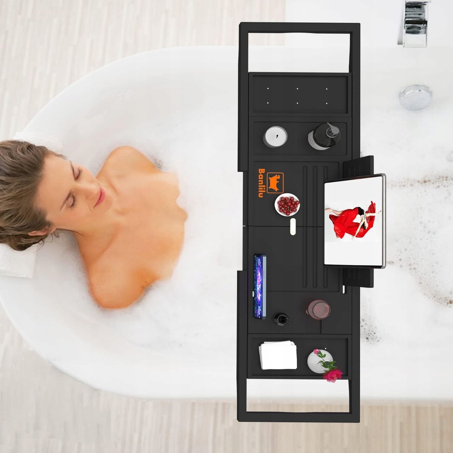 Bamboo Black Expandable Bathtub Shelf Candle Towel Tray Manufacturer code dg2025060404