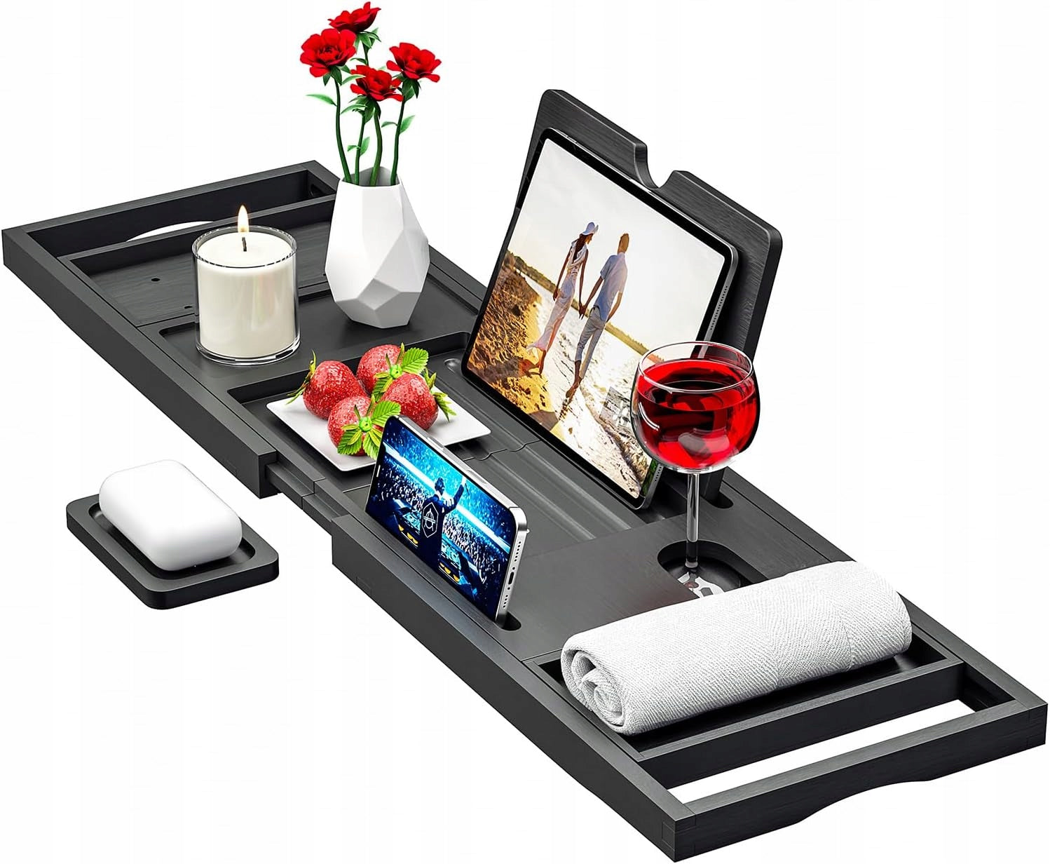 Bamboo Black Expandable Bathtub Shelf Candle Towel Tray
