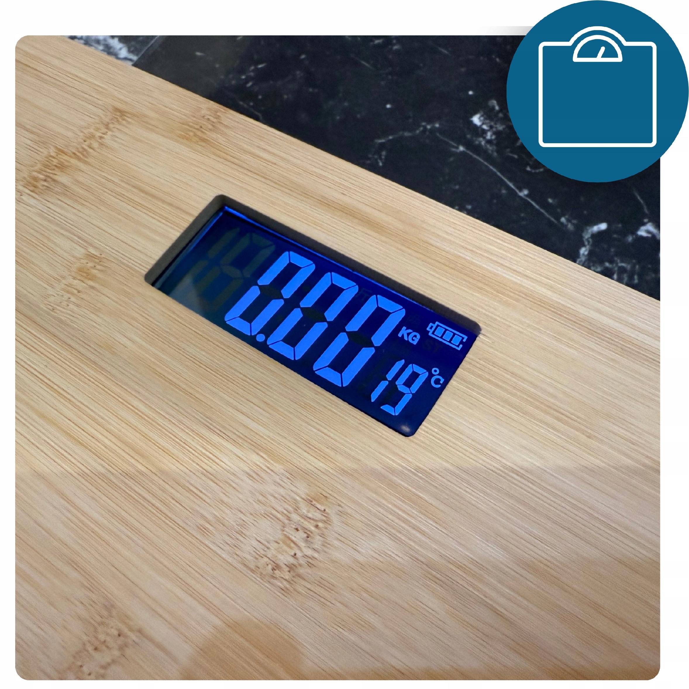 Bamboo Electronic Bathroom Scale up to 180 kg LCD Digital Temperature Manufacturer code Elektroniczna Waga łazienkowa bambus