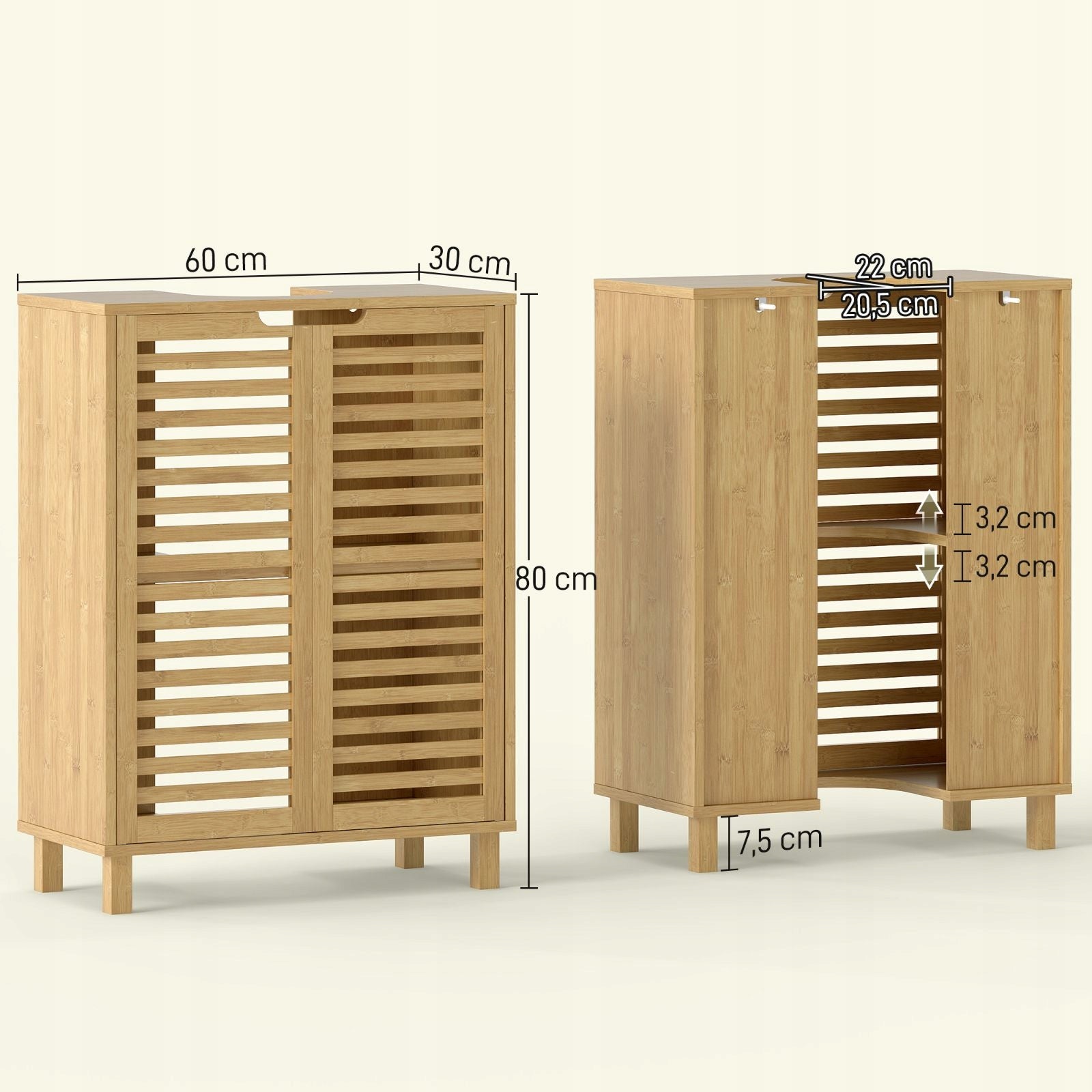 Bamboo Sink Cabinet, Adjustable Shelves, Natural Furniture depth 60 cm