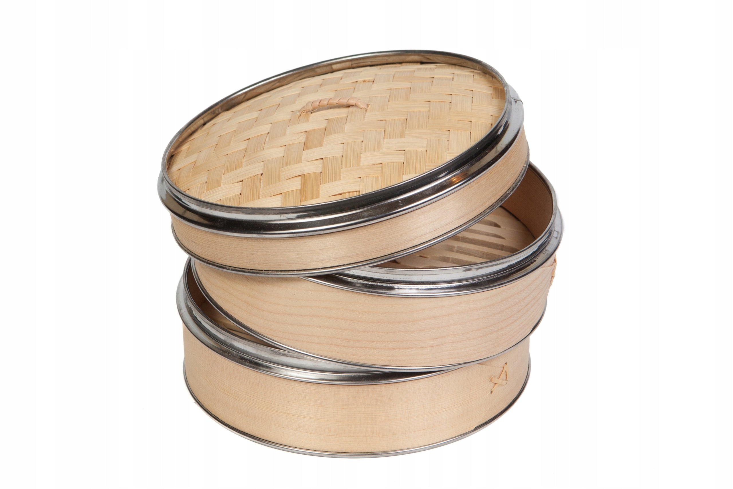 Bamboo Steamer 21 cm Two-Tier Stainless Steel Lid Craft Wok