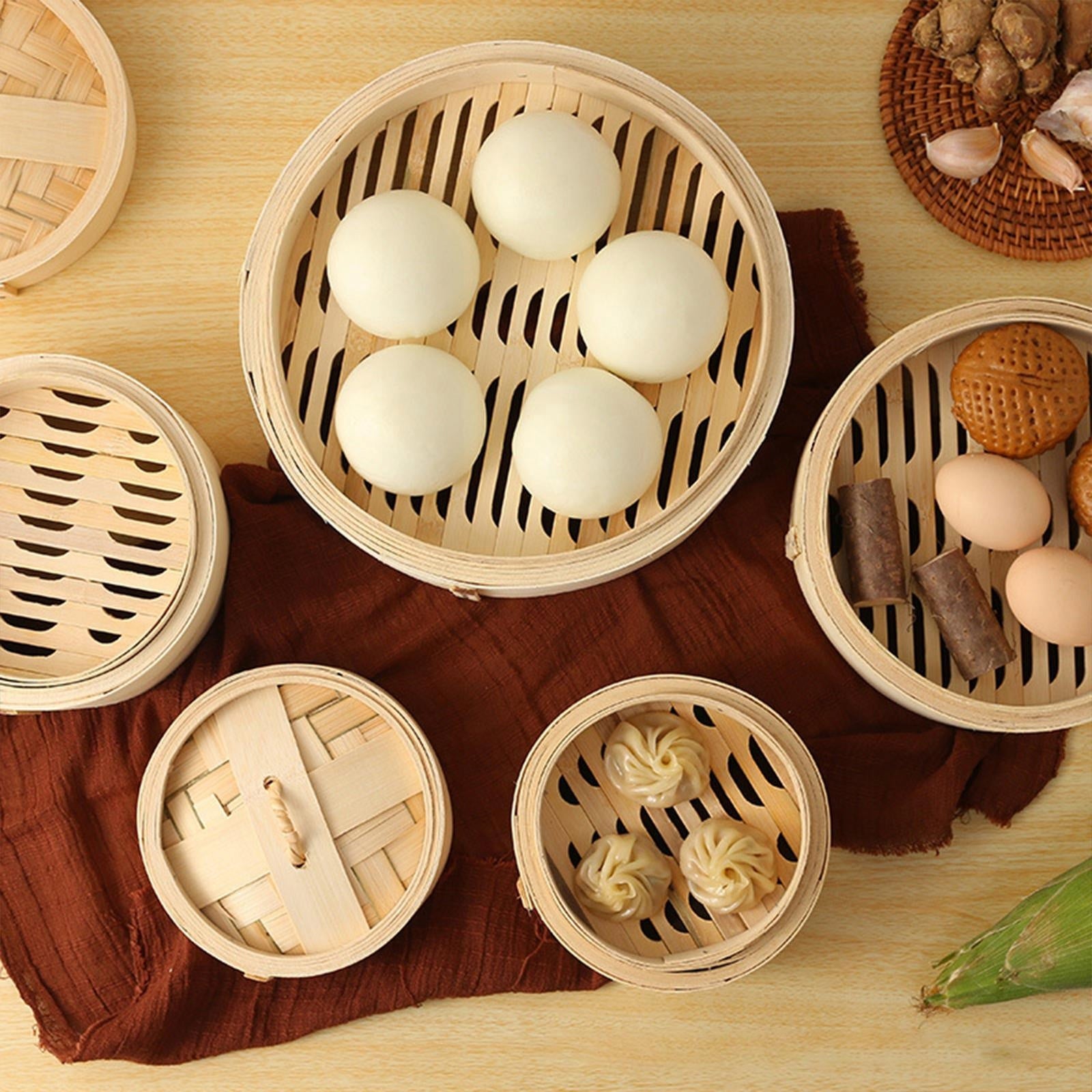 Bamboo Steamer Basket Dumpling Steamer Cookware with Lid Sum & Bun 20cm