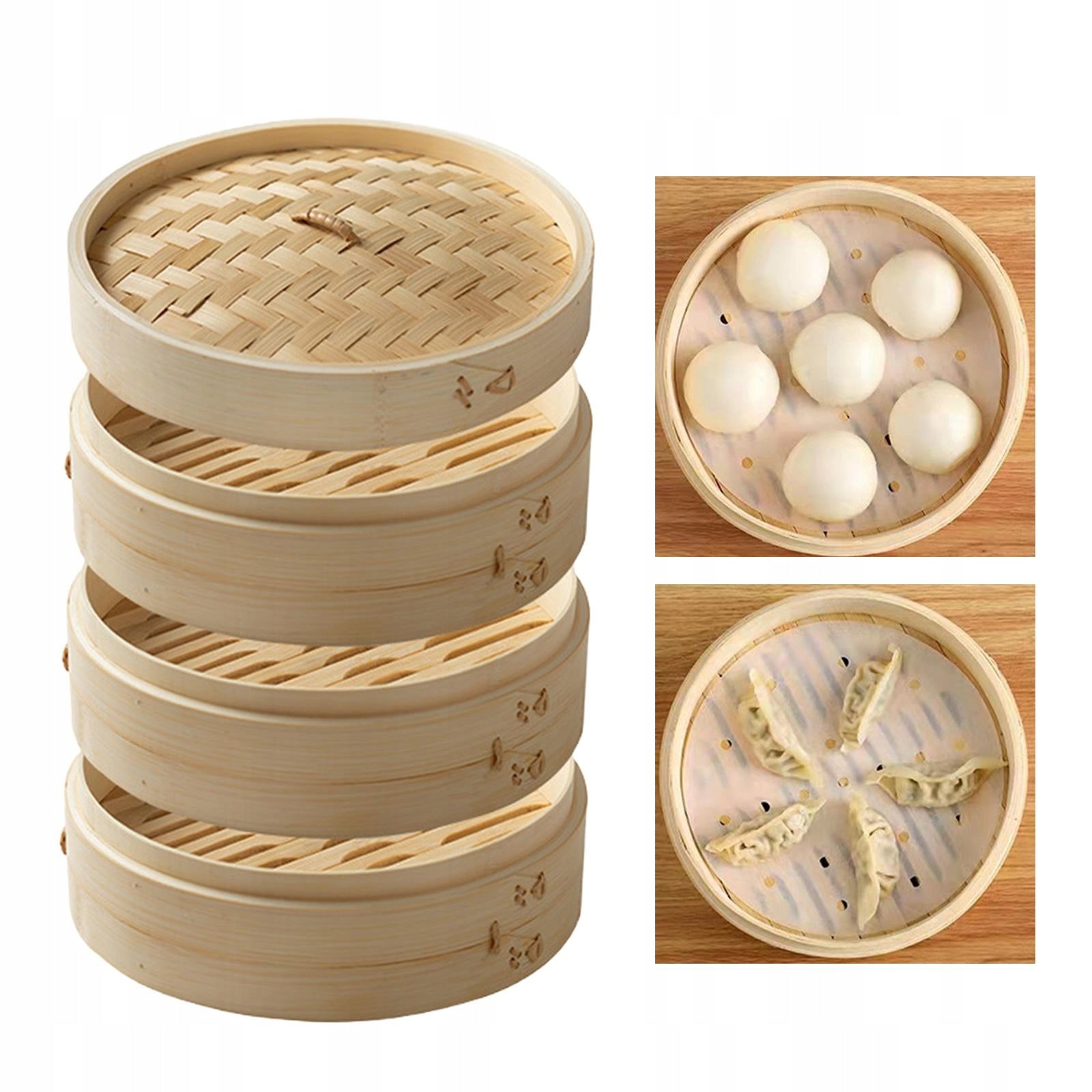 Bamboo Steamer Basket Food Cooking Cloth Dia 27cm 3 Tier Dominant color beige/brown