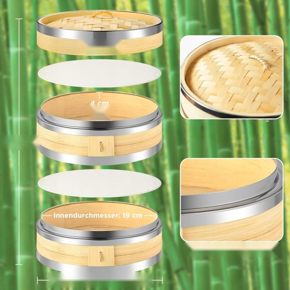 Bamboo Steaming Basket 20 cm Round Steamer with Lid Capacity 1 l