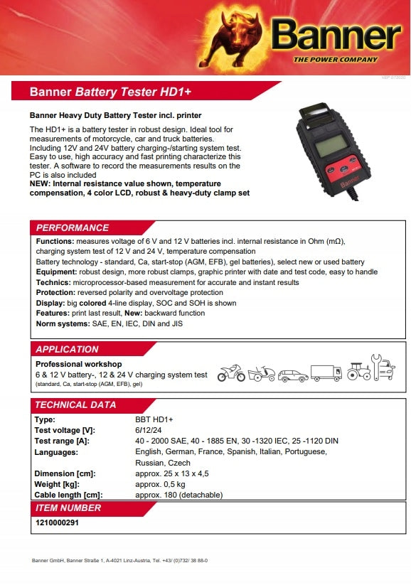 Banner BBT HD1+ Battery Tester with Printer Brand Banner