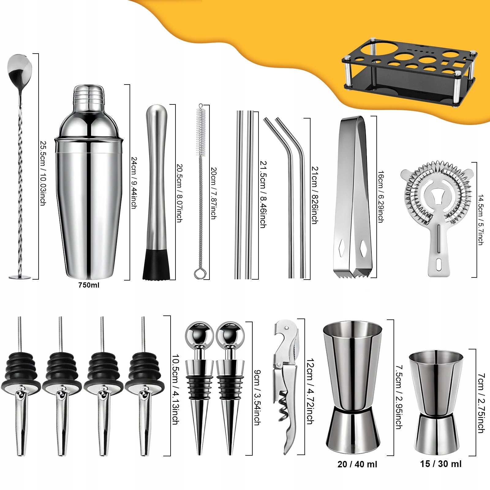 Bartending Set For Cocktail Drinks Shaker Measure Spoon Steel 20pcs Packaging status original