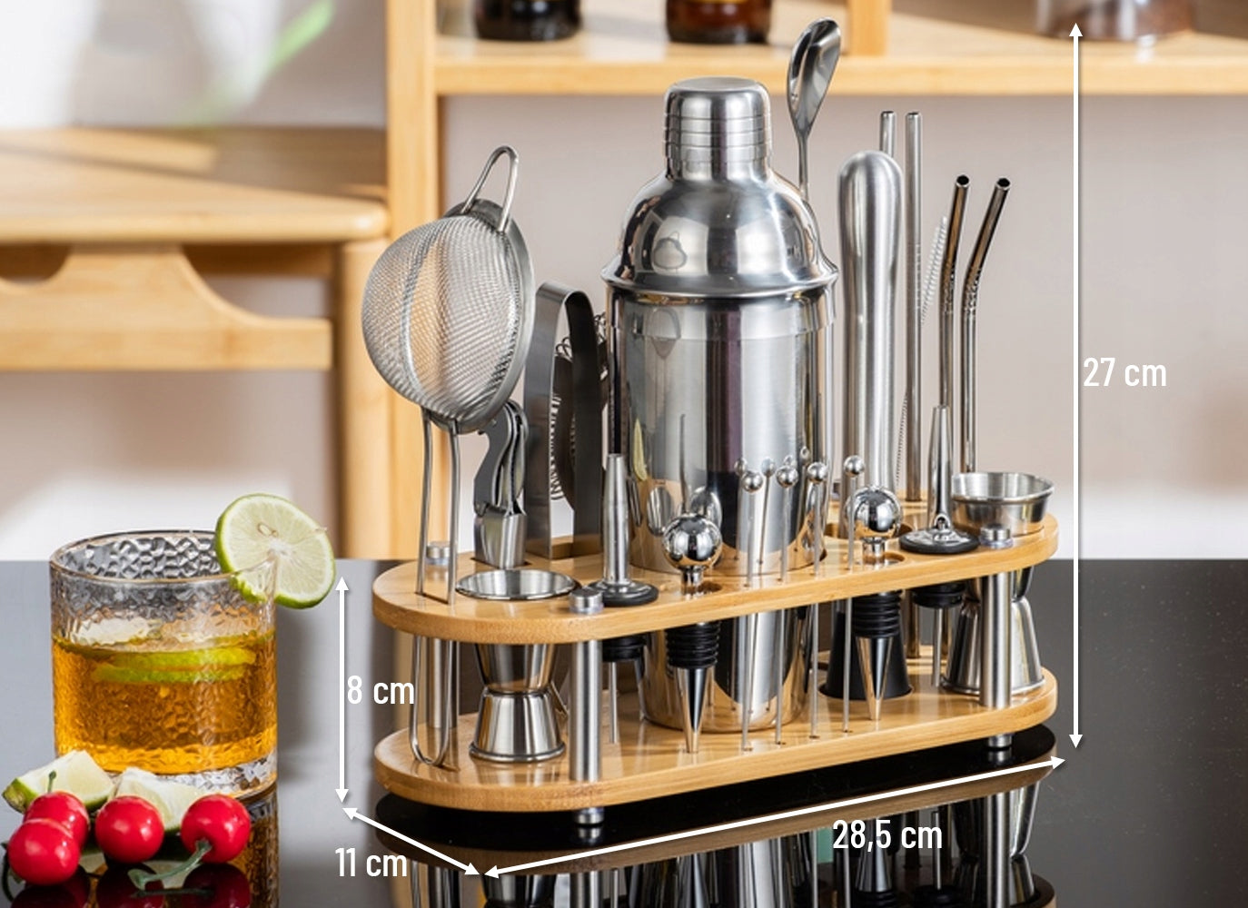 Bartending set 25 el. shaker 750 ml bamboo stand for drinks Packaging status original