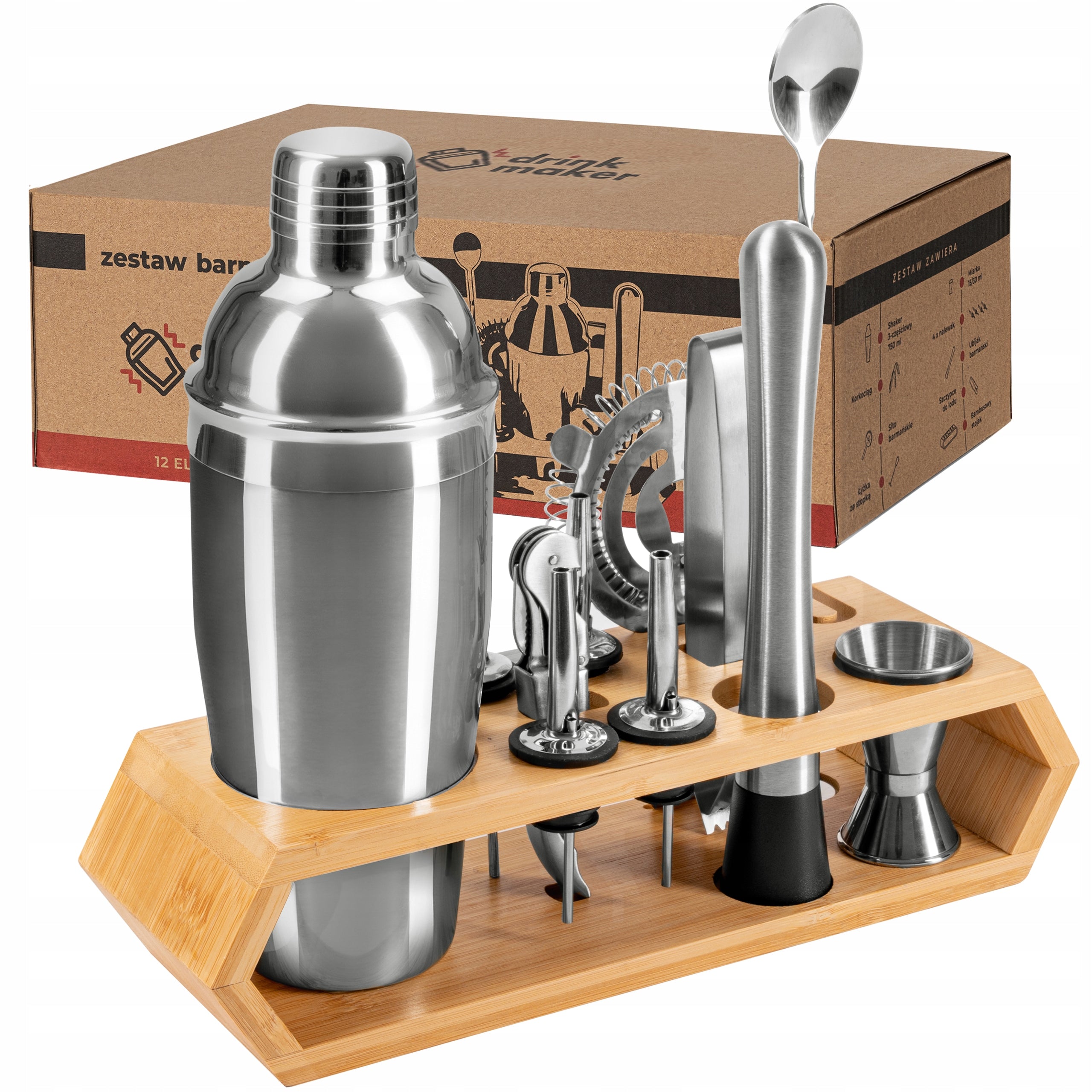Bartending set for drinks 12 el. shaker 750 ml muddler jigger sieve stand Packaging status original