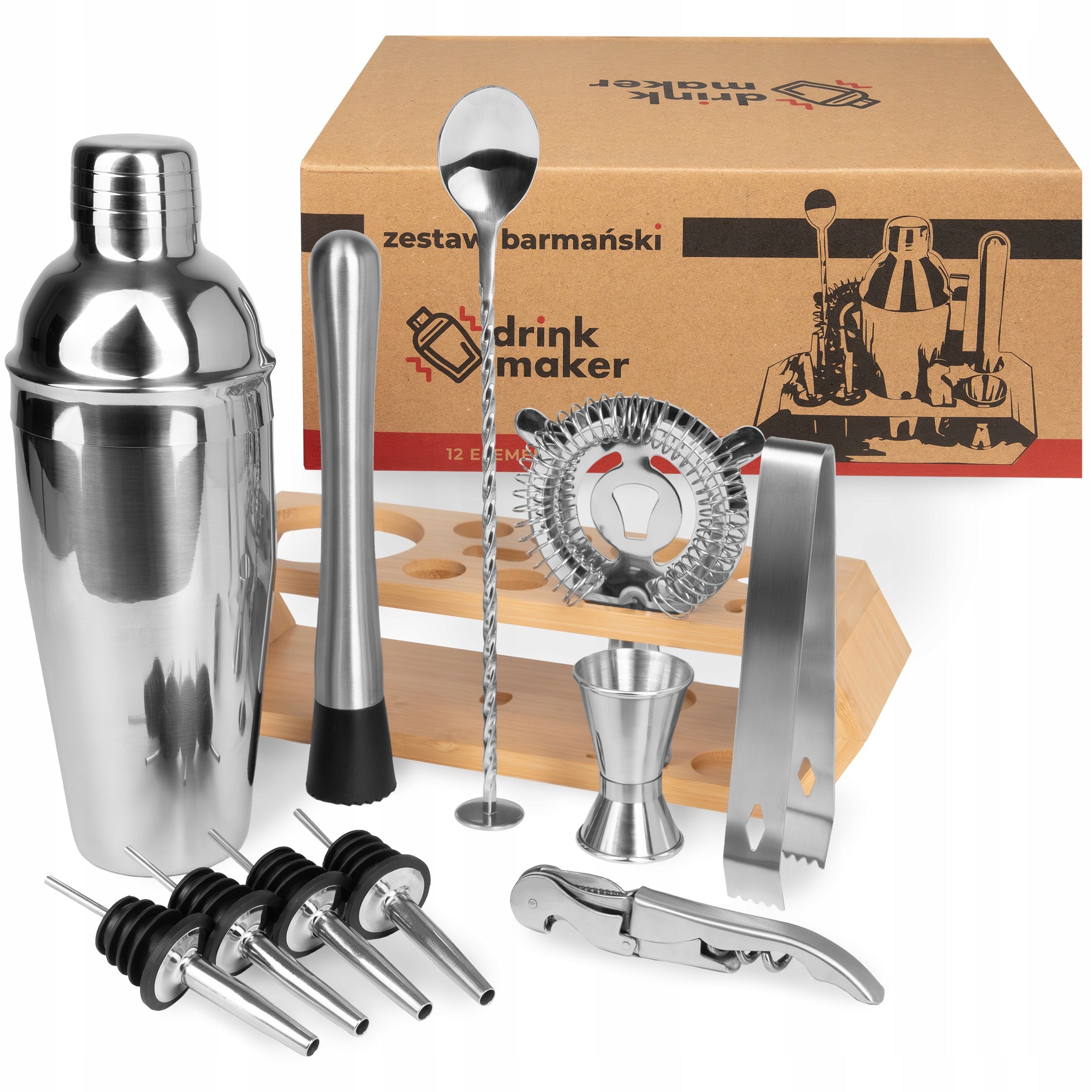 Bartending set for drinks 12 el. shaker 750 ml muddler jigger sieve stand