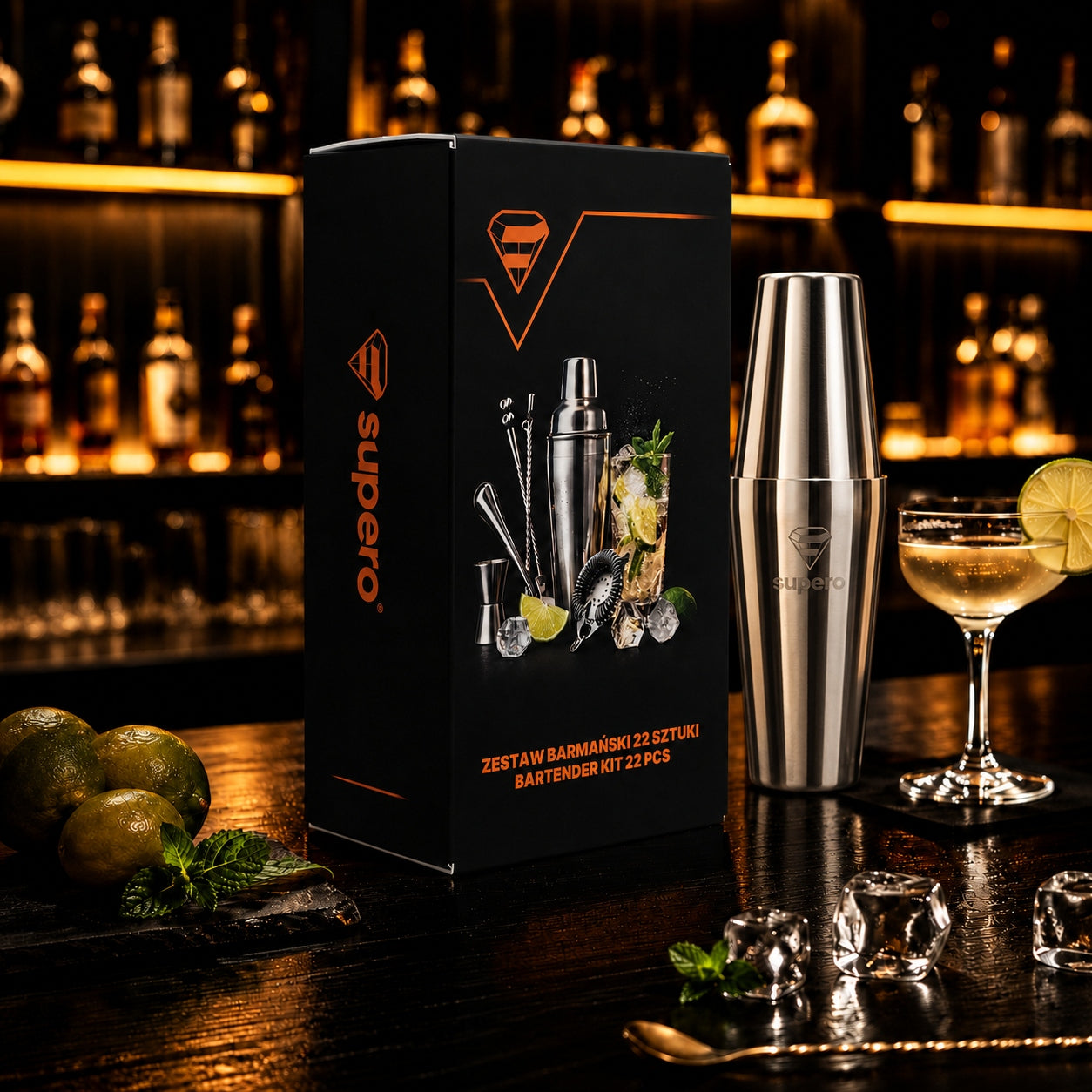 Bartending set for drinks professional shaker Boston drink card Manufacturer code 5903814686673_SUPERO BARTENDER KIT SLIVER