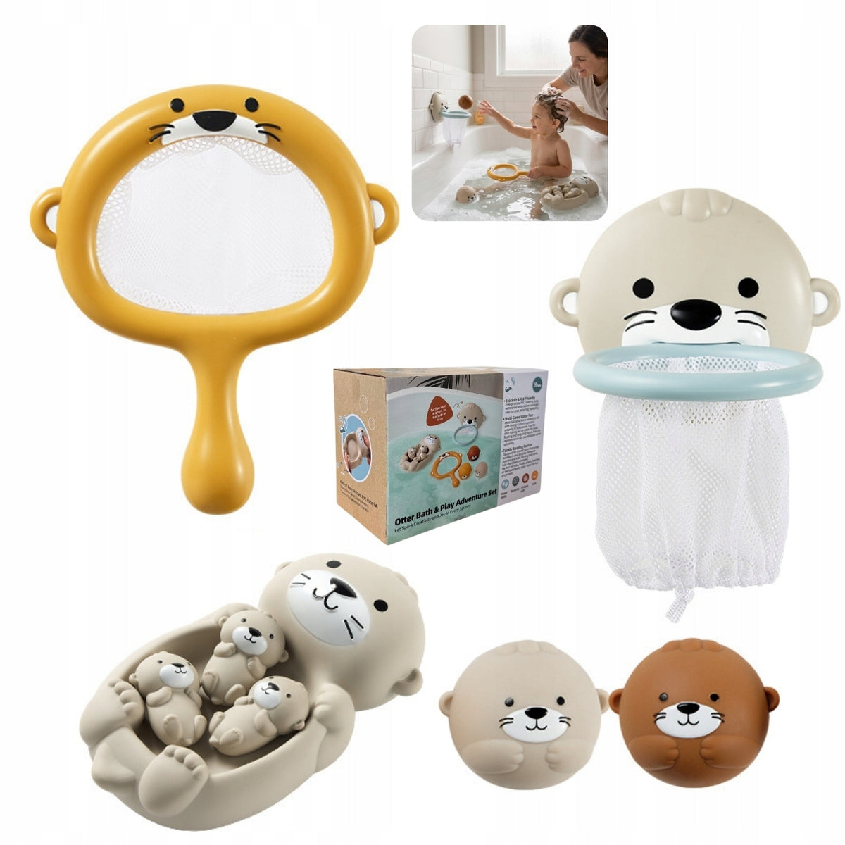 Bath Toys for Kids Set Family Otter Balls Basket Strainer 8 Pcs