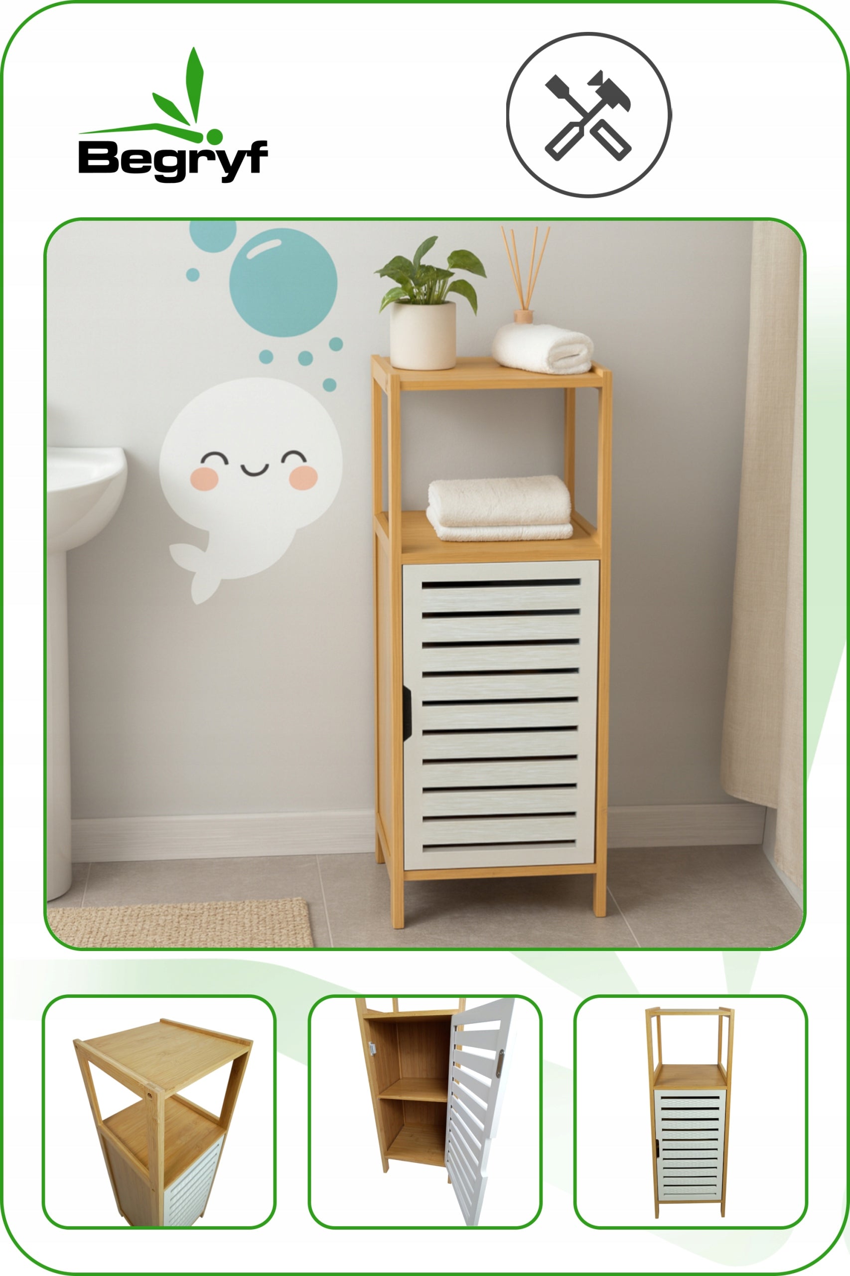 Bathroom CABINET BAMBOO 30 cm with shelf DOORS narrow for towels Packaging status original