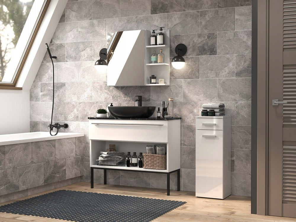 Bathroom Cabinet 30cm White Gloss Standing with Shelf Narrow Post Shelves Packaging status original