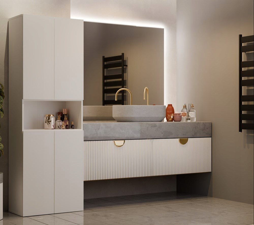 Bathroom Cabinet Cashmere with Laundry Basket High Standing Bookcase Post Packaging status original