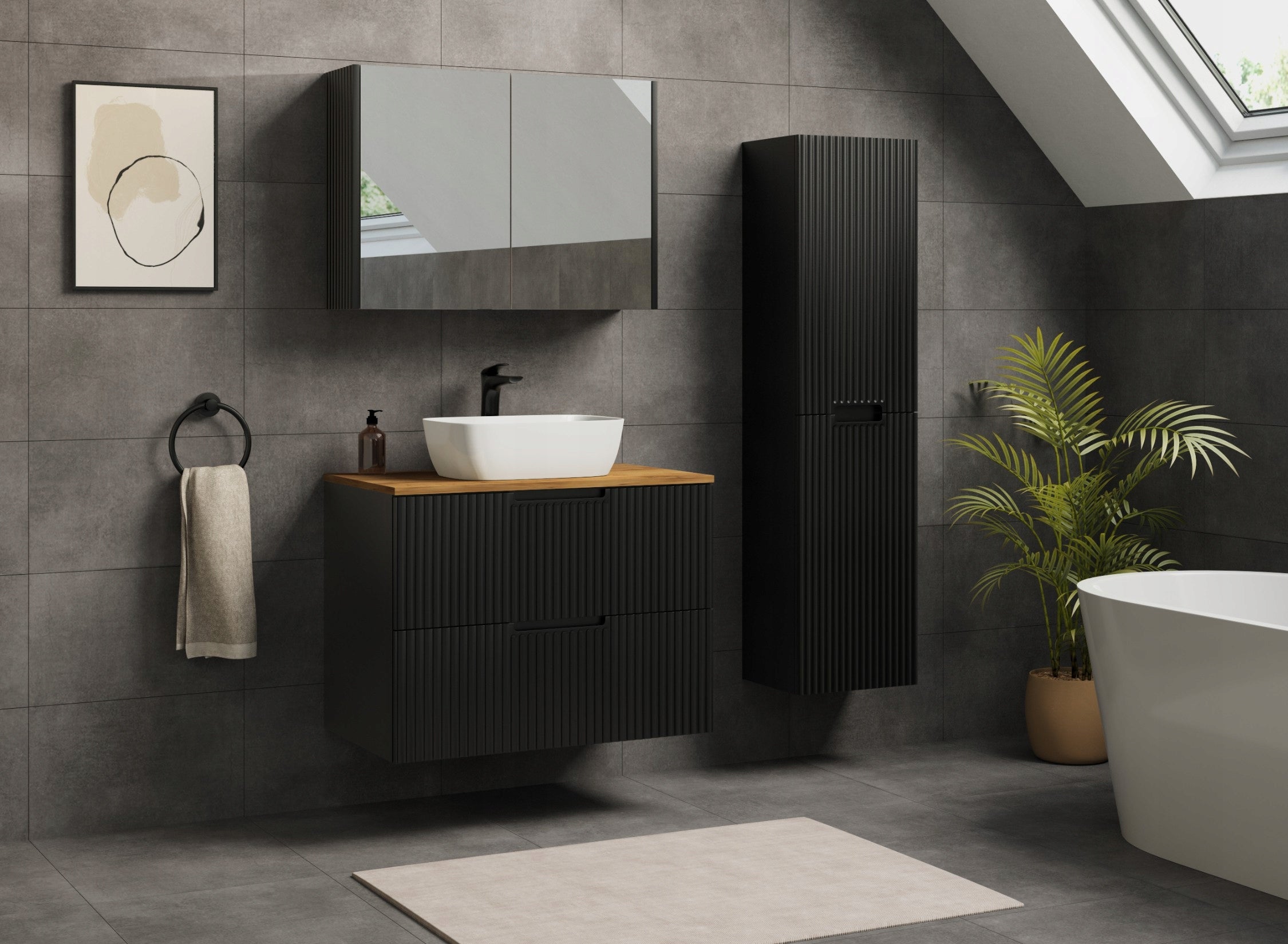 Bathroom Cabinet Hanging Post Black 136 GROOVED MDF Fronts 2x Door Packaging status original