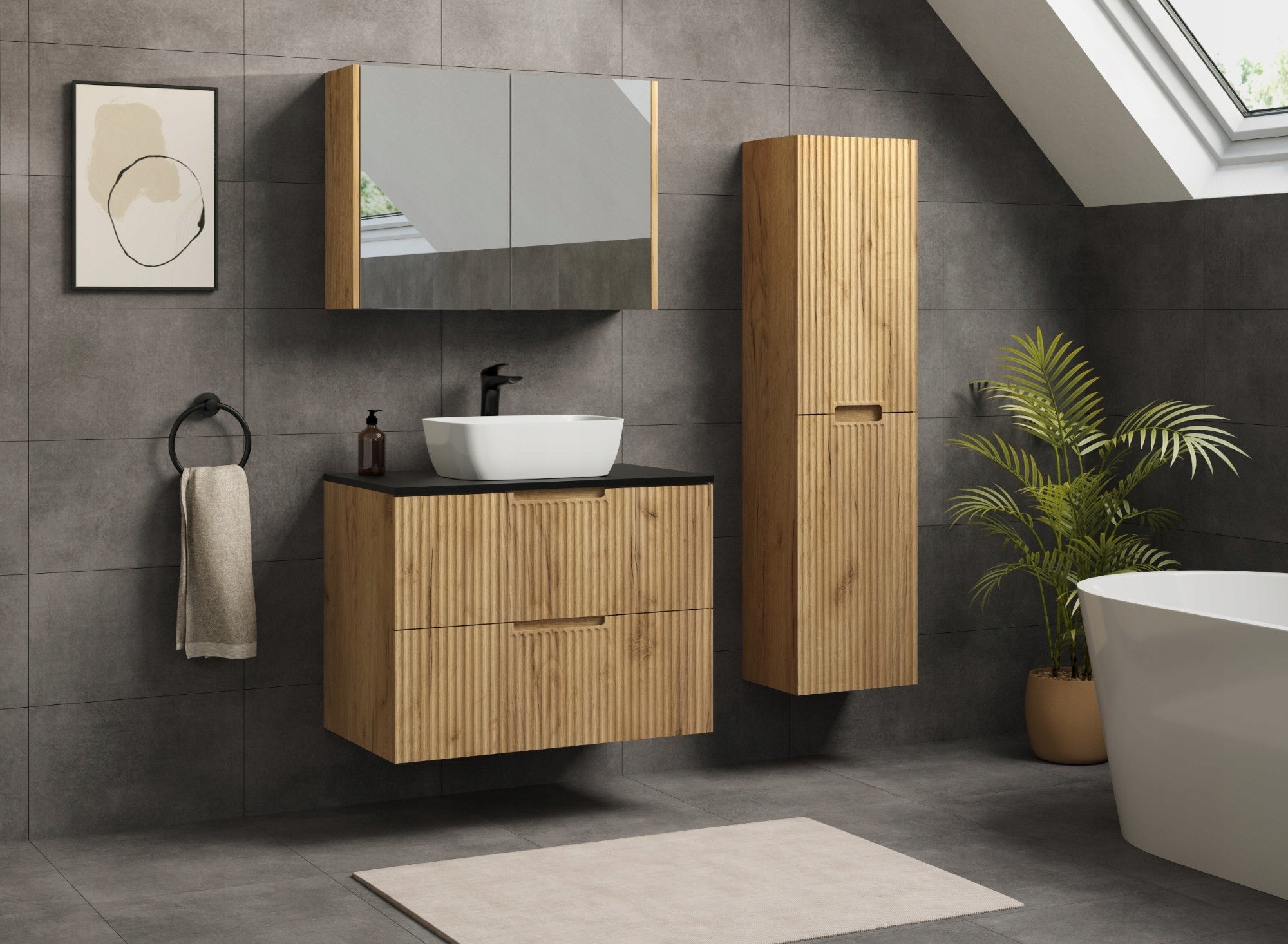 Bathroom Cabinet Hanging Post Oak 136 Cm GROOVED MDF Fronts 2x Door Packaging status original