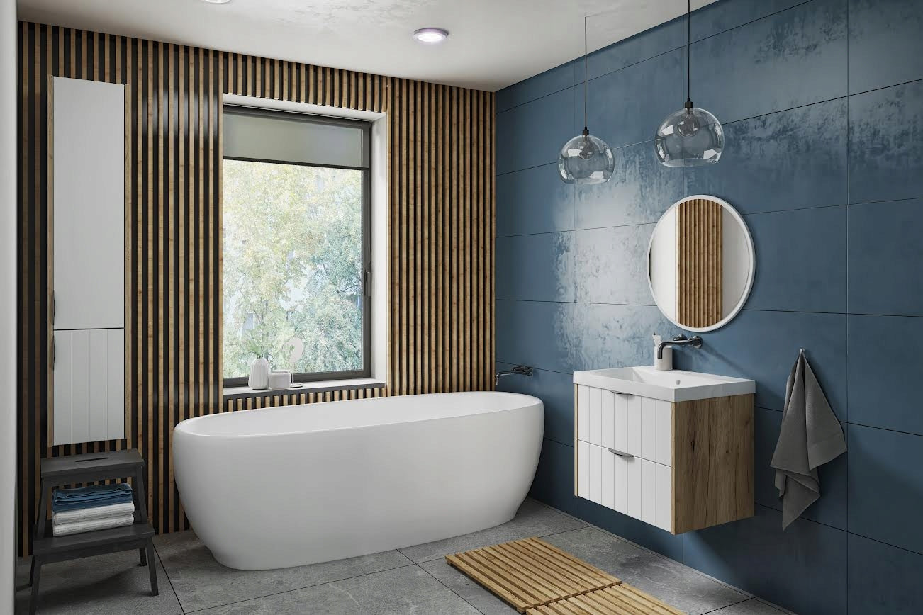 Bathroom Cabinet Post Hanging White / Oak Mat 160 x 32 x 30 cm MDF Door Packaging status original
