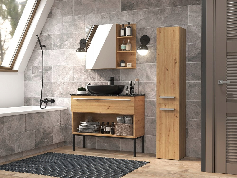 Bathroom Cabinet Standing with Laundry Basket Narrow Post Artisan Oak Packaging status original