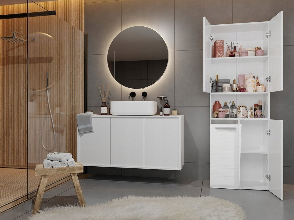 Bathroom Cabinet White Gloss Standing with Laundry Basket 60cm Post Manufacturer code Regał Łazienkowy Stojący Do Łazienki Wysoki 4
