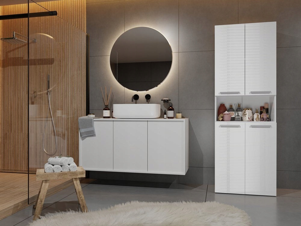 Bathroom Cabinet White Gloss Standing with Laundry Basket 60cm Post Packaging status original