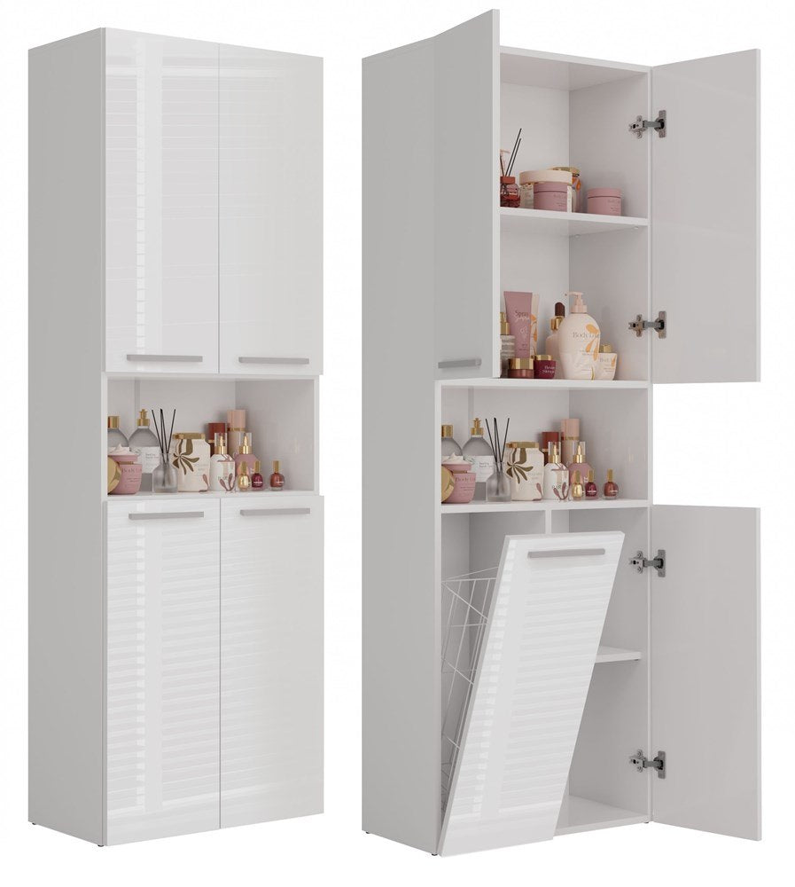 Bathroom Cabinet White Gloss Standing with Laundry Basket 60cm Post