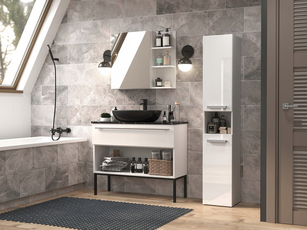 Bathroom Cabinet White Gloss Standing with Laundry Basket Narrow Post Packaging status original