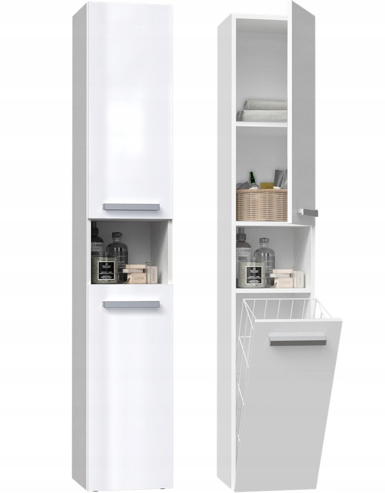 Bathroom Cabinet White Gloss Standing with Laundry Basket Narrow Post