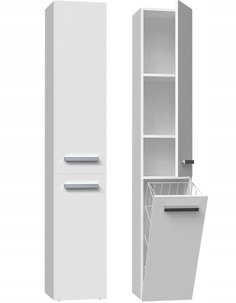 Bathroom Cabinet White Standing with Laundry Basket Narrow Post White Narrow Packaging status original