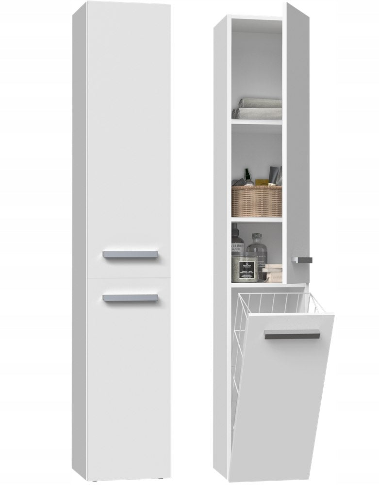 Bathroom Cabinet White Standing with Laundry Basket Narrow Post White Narrow