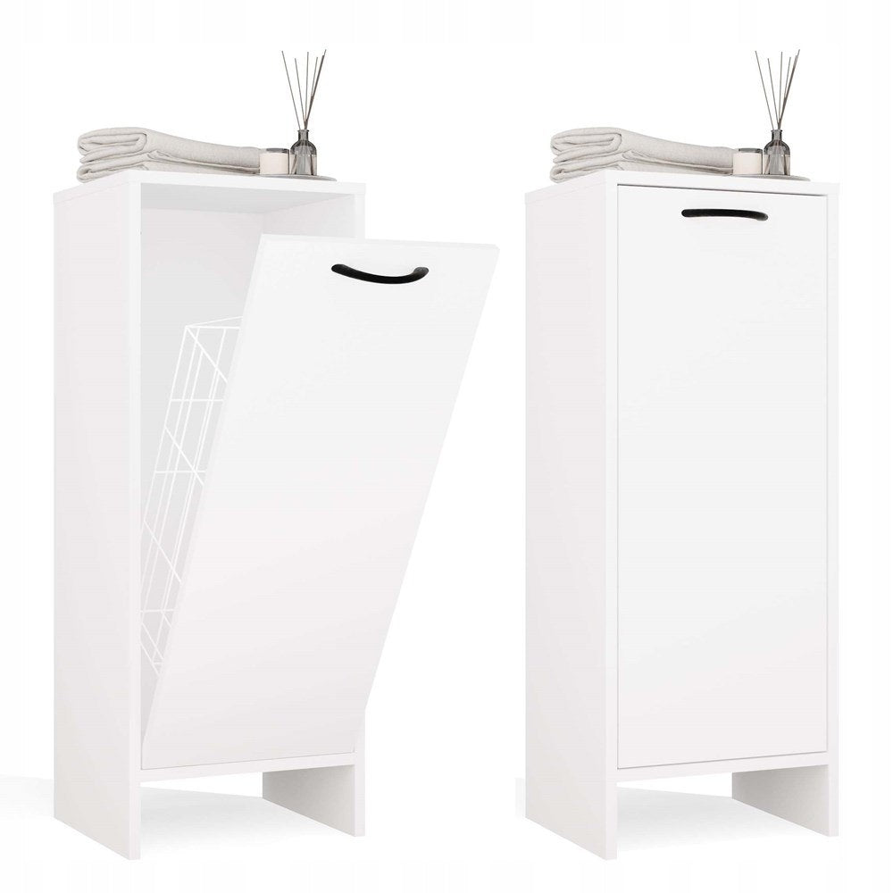 Bathroom Cabinet White Standing with Laundry Basket Narrow Post White Narrow