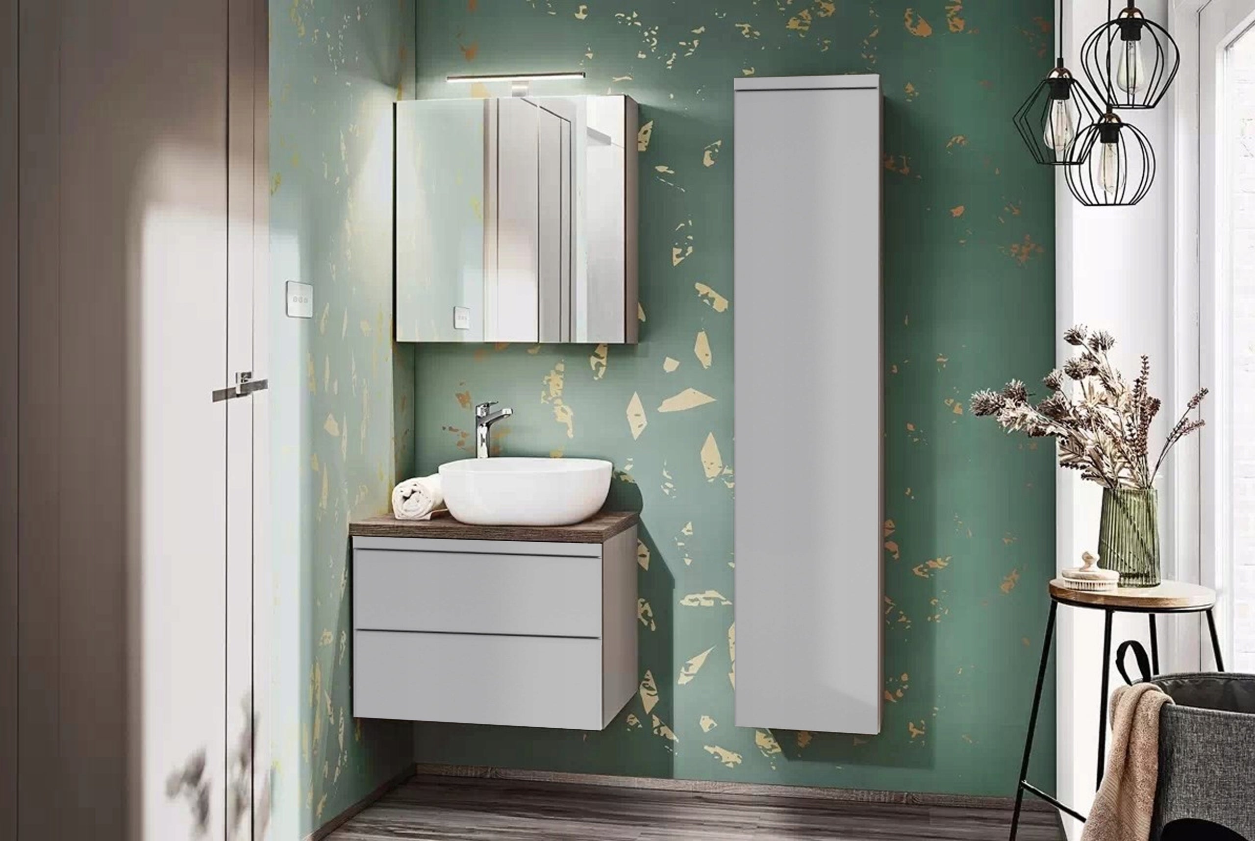 Bathroom Post Cabinet Hanging Bookcase 30 x 140 cm Grey Gloss Hanging Packaging status original
