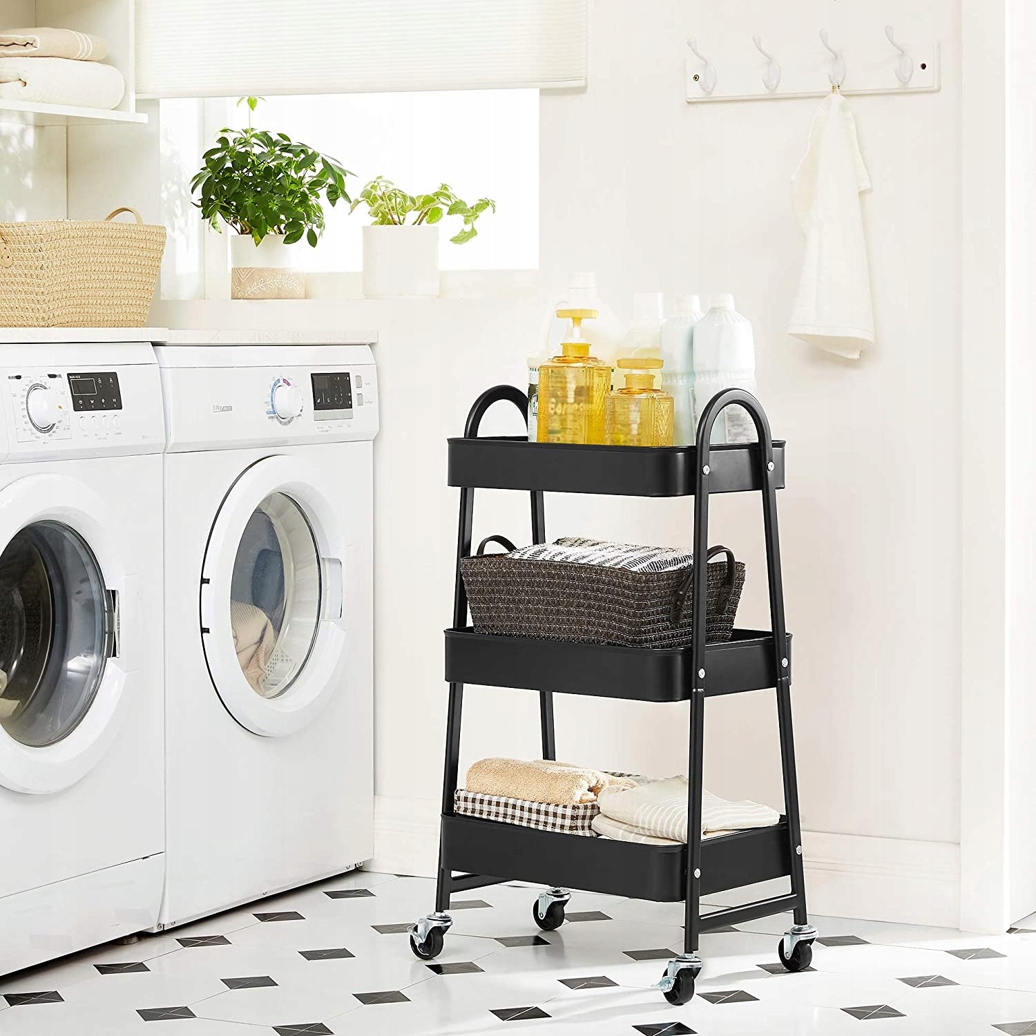 Bathroom Rack Metal Trolley on Wheels Shelf Organizer Black 3 Levels Manufacturer code Regał Łazienkowy Metalowy Wózek na Kółkach