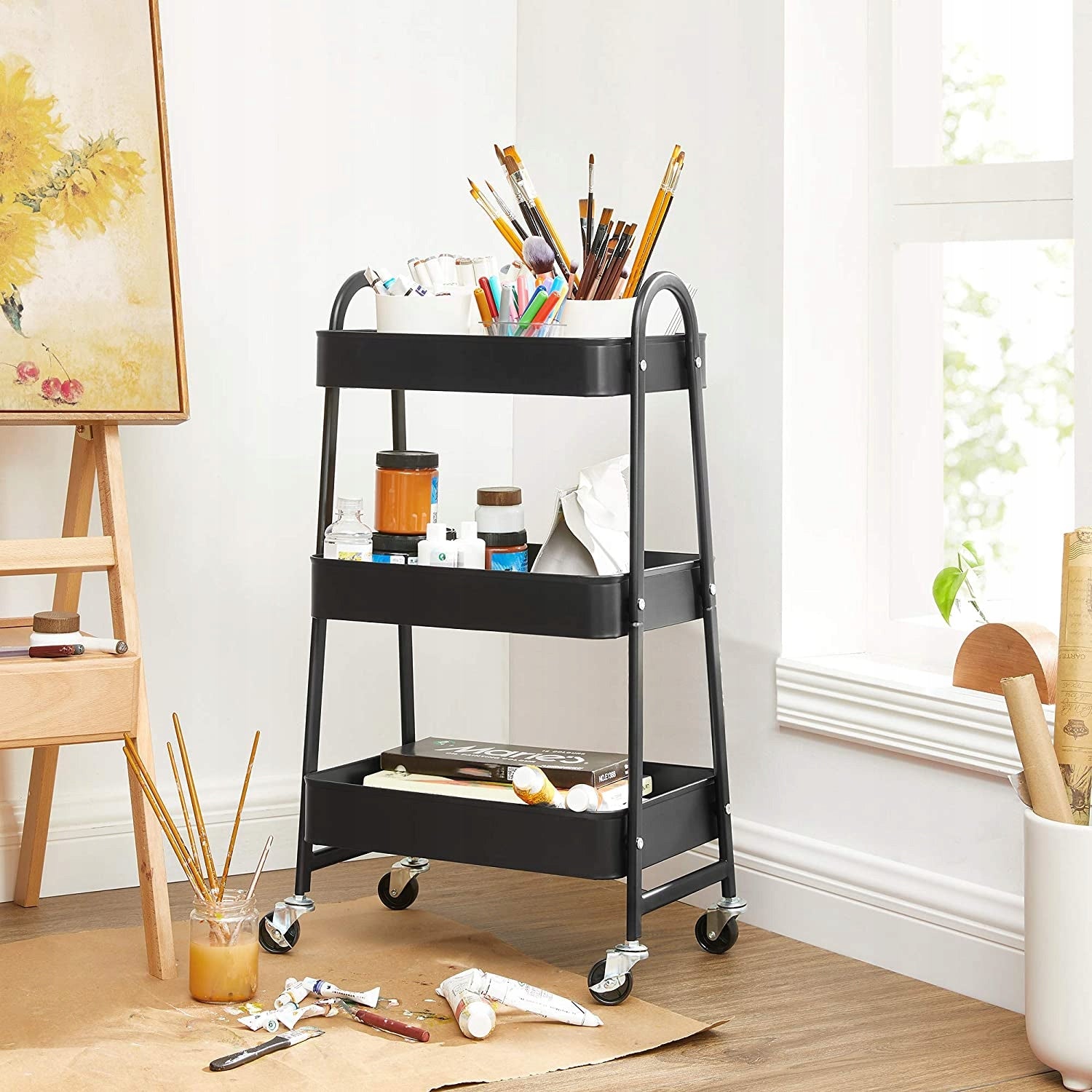 Bathroom Rack Metal Trolley on Wheels Shelf Organizer Black 3 Levels Packaging status original