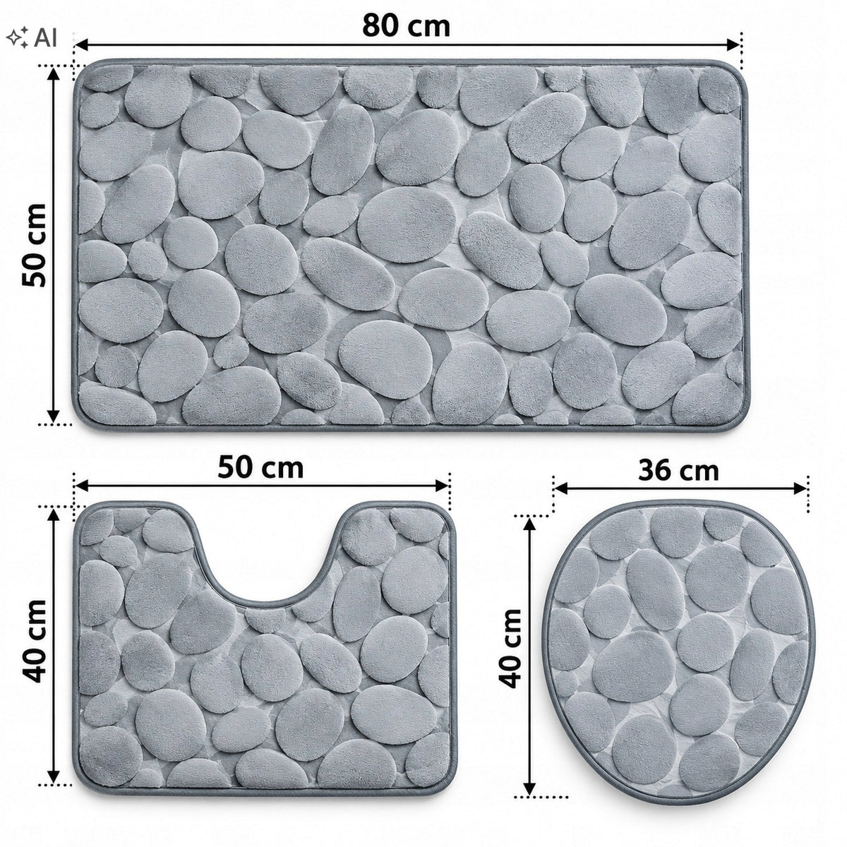 Bathroom Rug Anti-Slip 3 Pcs Set Grey Quick-Drying Sidewalk Packaging status original