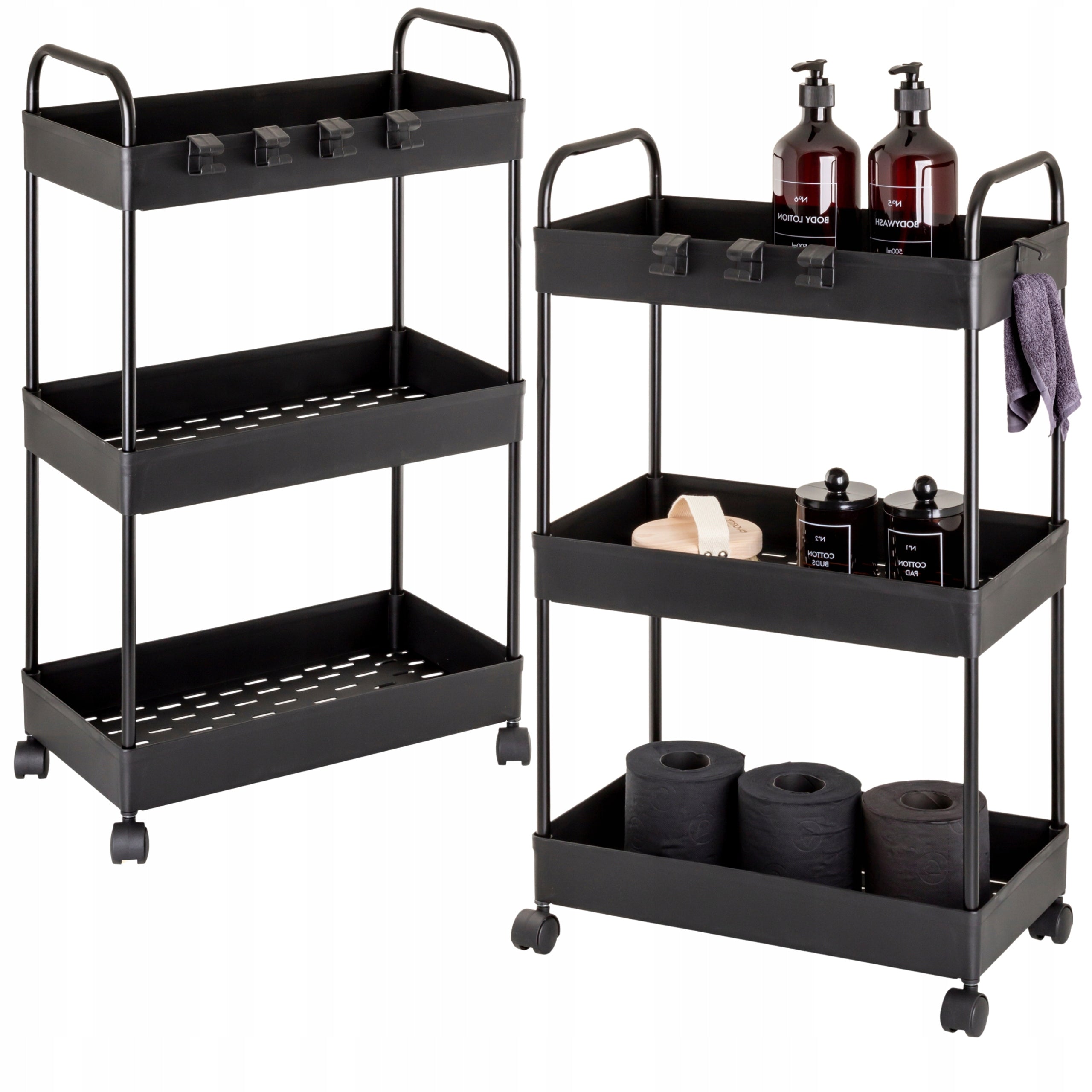 Bathroom Shelving Unit on Wheels Metal Plastic Black 3 Baskets 4 Hooks