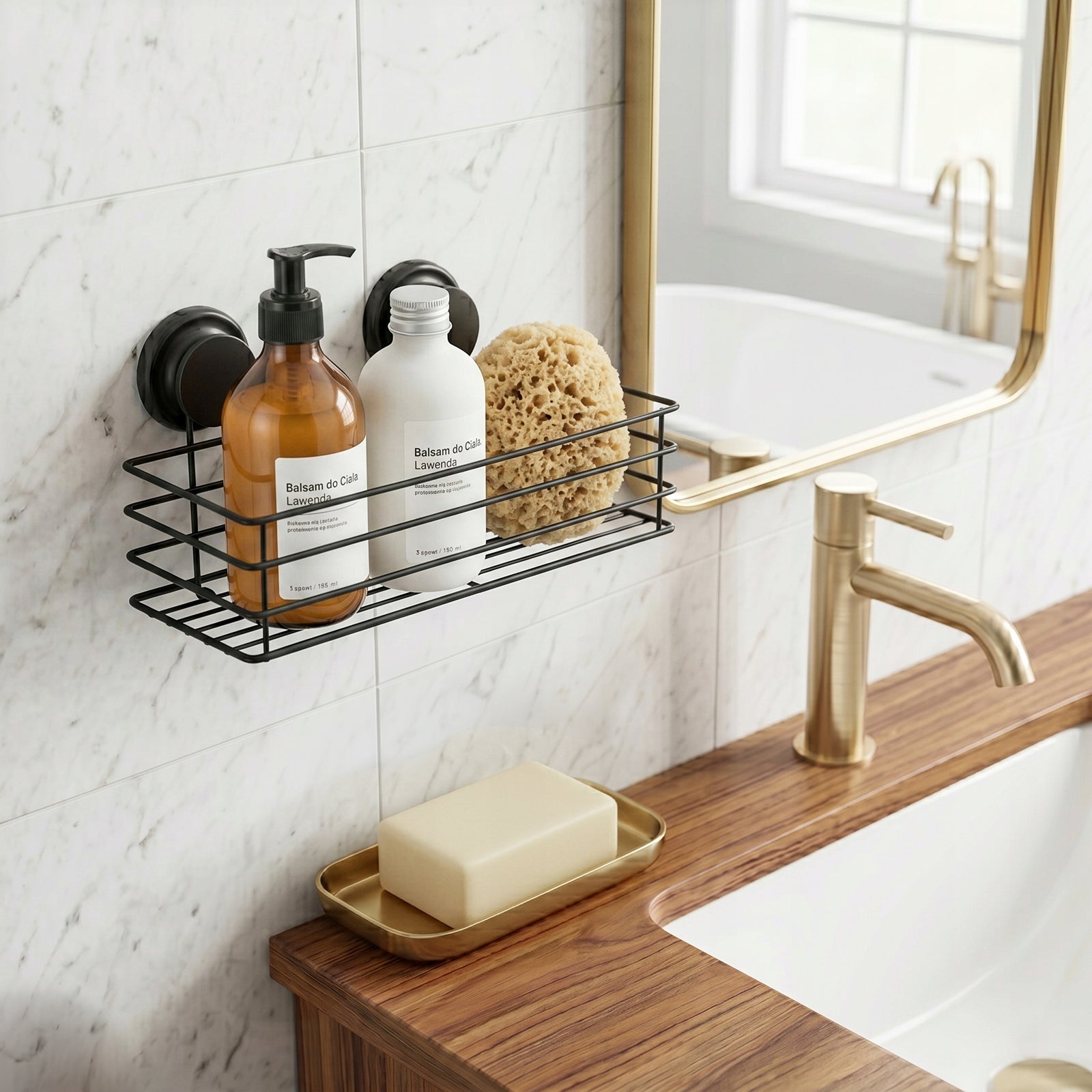Bathroom Suction Cup Basket for Cosmetics Accessories Black Flat Packaging status original