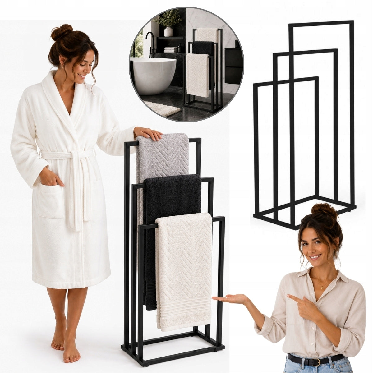 Bathroom Towel Bar Standing Black 3 Levels