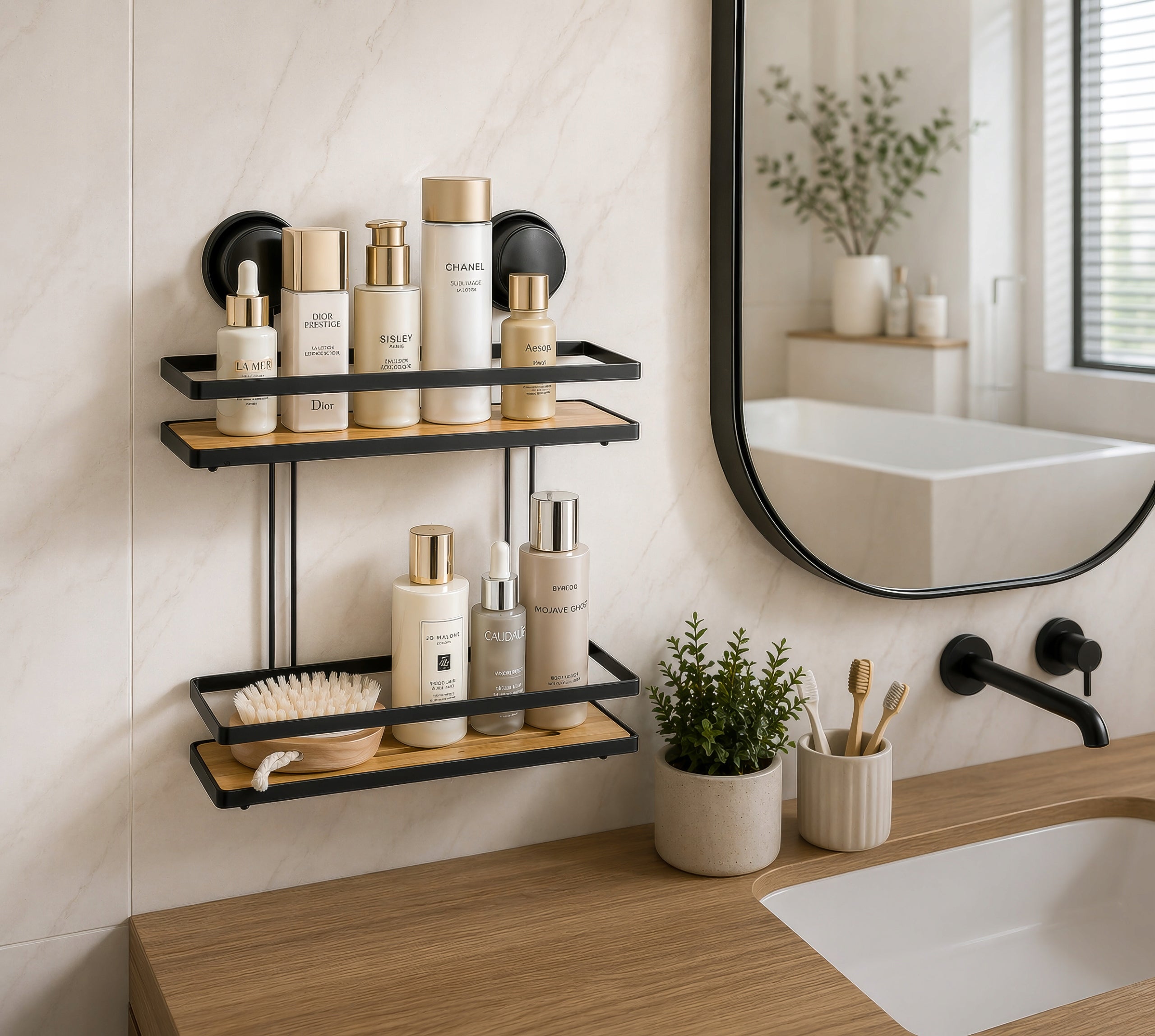 Bathroom Wall Shelf STRONG SUCTION CUPS Bamboo Cosmetics Without Drilling Packaging status original