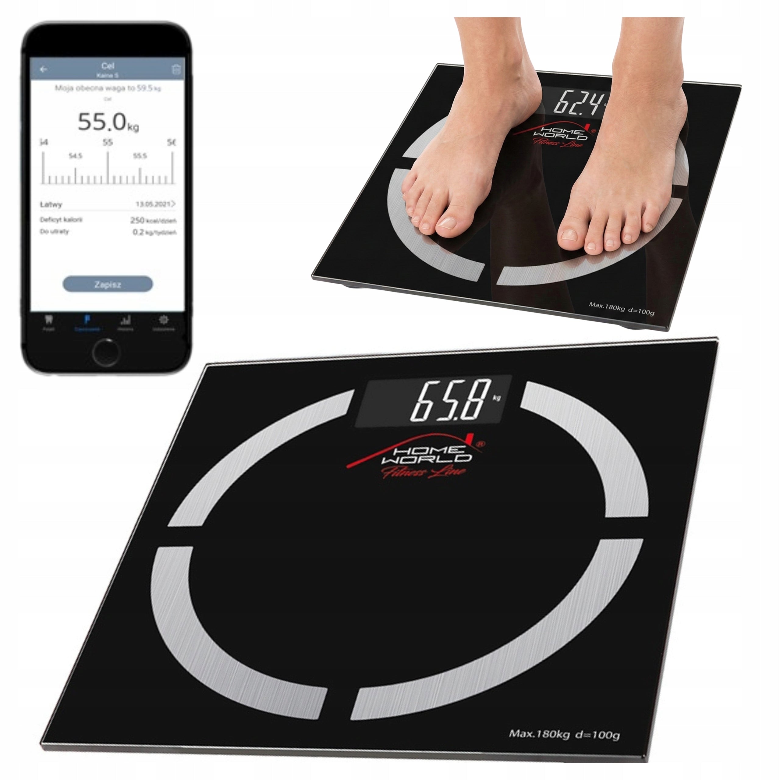Bathroom scale ANALYTICAL electronic 180kg glass SMART 12in1 TECH-MED Manufacturer code HW-FIT002_CZ
