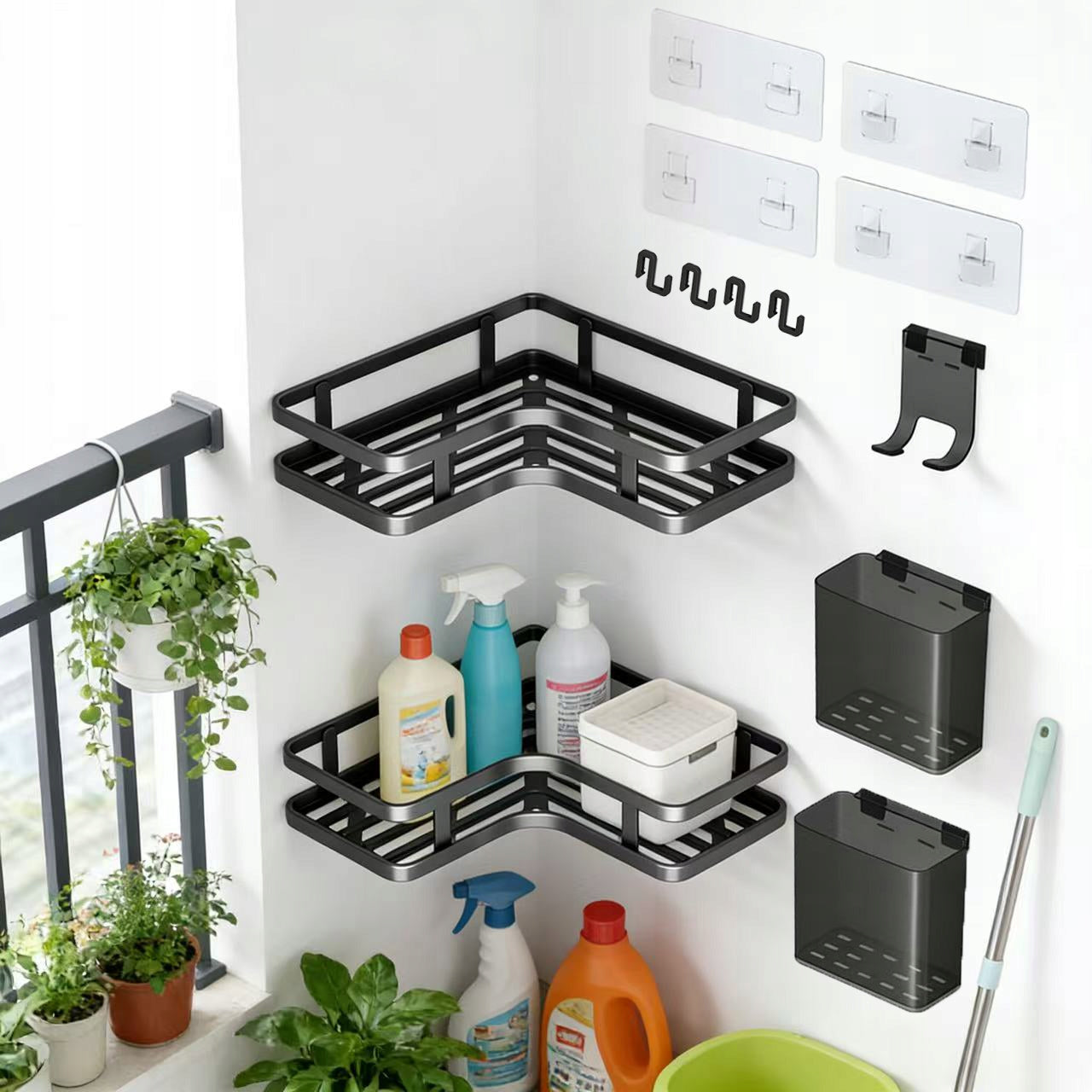 Bathroom shelf corner hanging in the shower without drilling black loft