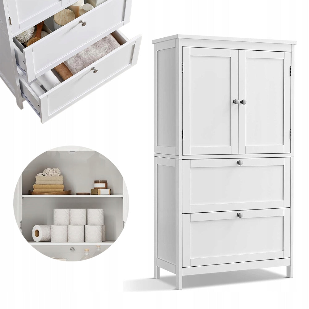 Bathroom shelving unit FREESTANDING CABINET 2 drawers door 30x60x110cm WHITE